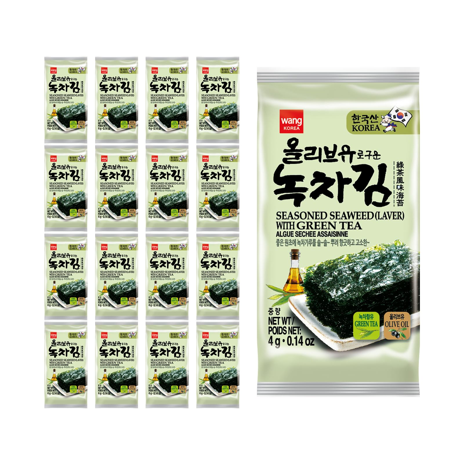Wang Olive Oil Roasted Seaweed Snack with Green Tea, Gluten-free, Keto-friendly, Vegan, Healthy Snack 0.14 Ounce, Pack of 16