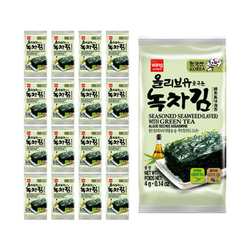 Wang Olive Oil Roasted Seaweed Snack with Green Tea, Gluten-free, Keto-friendly, Vegan, Healthy Snack 0.14 Ounce, Pack of 16