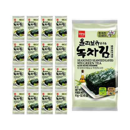 Wang Olive Oil Roasted Seaweed Snack with Green Tea, Gluten-free, Keto-friendly, Vegan, Healthy Snack 0.14 Ounce, Pack of 16