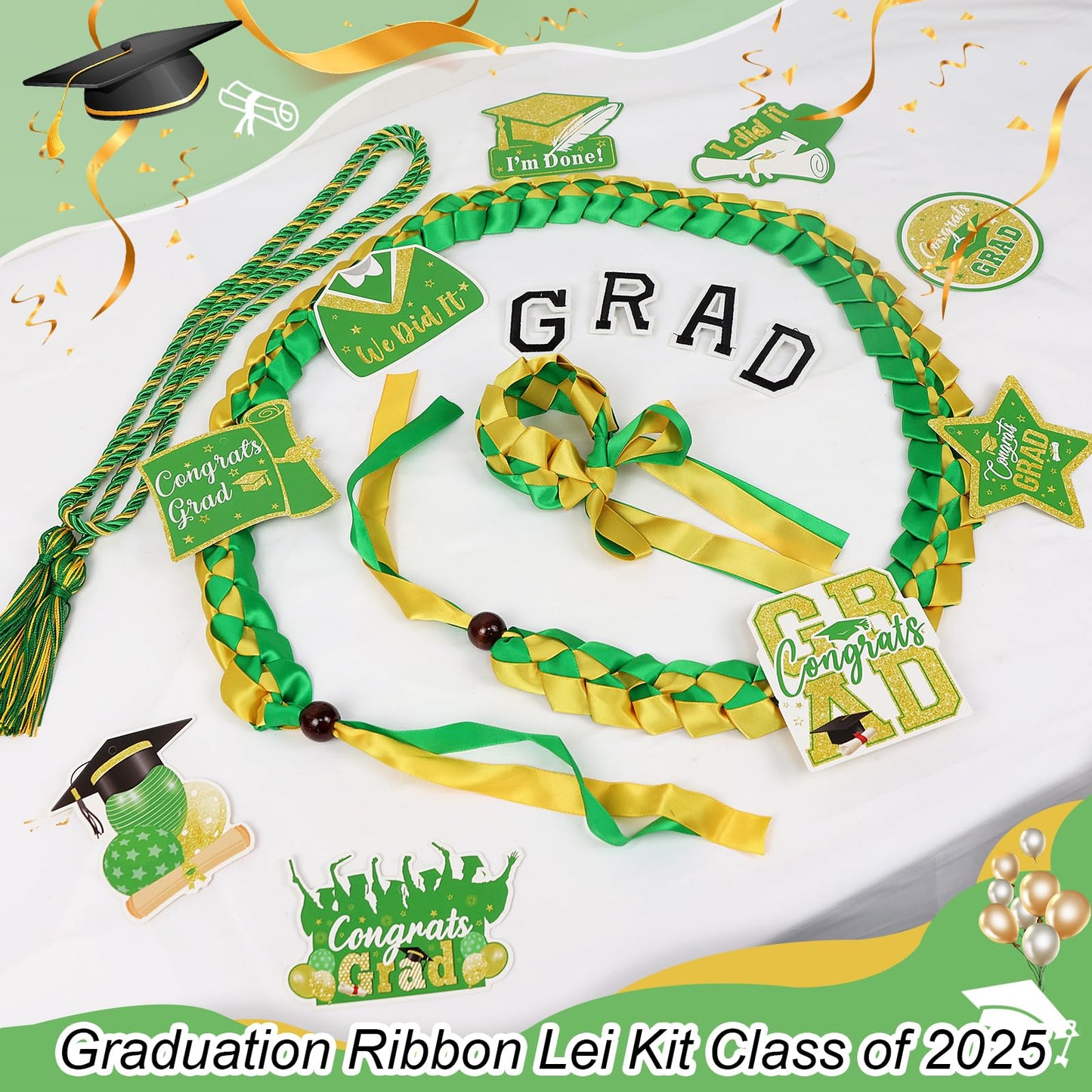 TKNOUS Graduation Ribbon Leis Kit, 10 Pcs Green Gold Candy Lei with Honor Cord, Class of 2025, Polyester, Model Lei-G