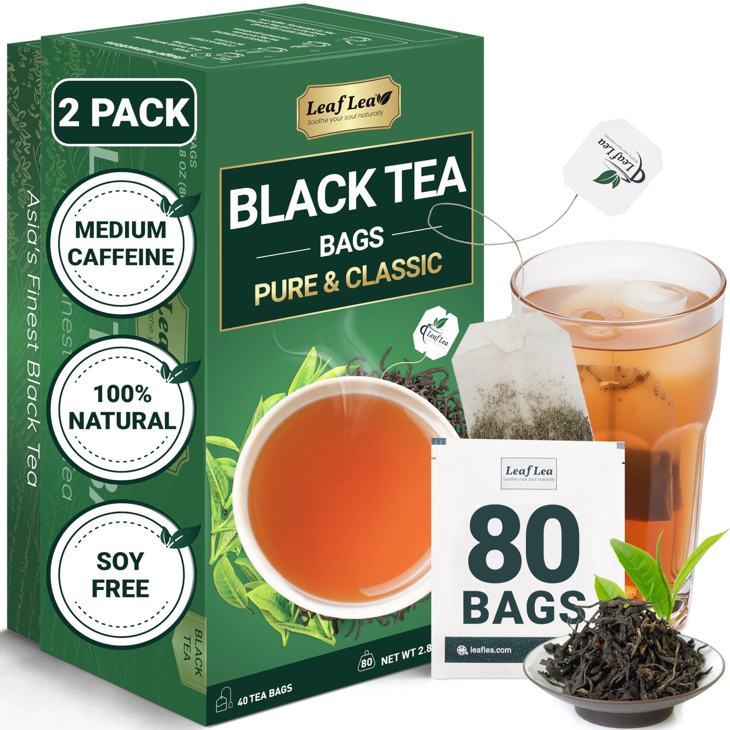 Leaflea 80 Black Tea Bags  Top-Grade Black Tea Leaves  Rich Bright And Firmly Astringent  Promotes Digestive Comfort & Steady Alertness  Caffeinated  Sugar-Free  Vegan  Enjoy Hot Or Iced