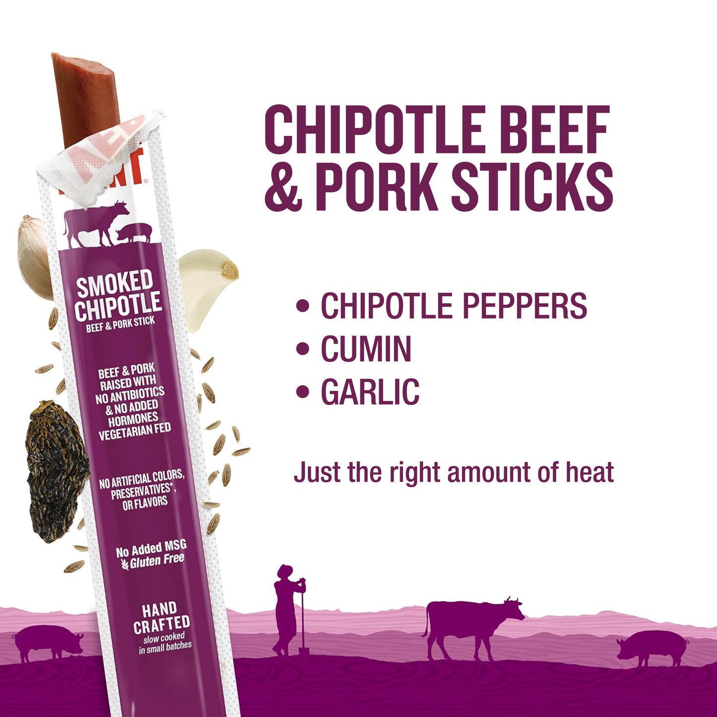 Vermont Smoke & Cure Snack Sticks, Smoked Chipotle, Beef & Pork Jerky, 1oz Stick, 24 Count Carton