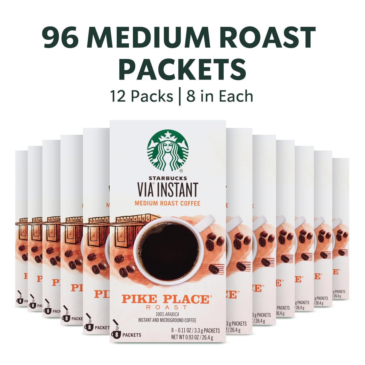 Starbucks VIA Instant Coffee, Medium Roast, Pike Place, 12 Boxes (96 Packets Total)