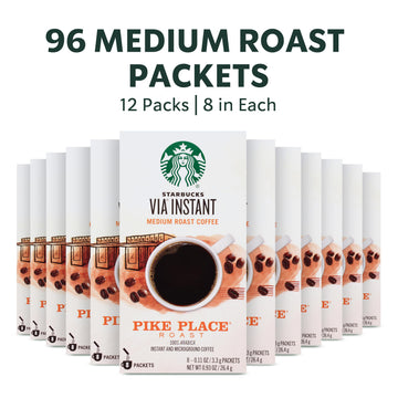 Starbucks VIA Instant Coffee, Medium Roast, Pike Place, 12 Boxes (96 Packets Total)