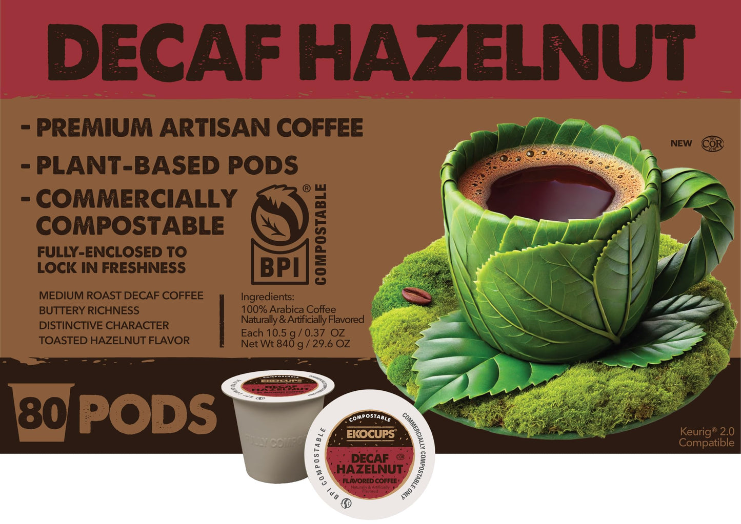 Ekocups Decaf Hazelnut Coffee Pods - Medium Roast  Swiss Water Process  Compostable  Plant-Based & Freshness-Sealed - French Press-Quality Brew - K-Cup Brewer Compatible - 80ct