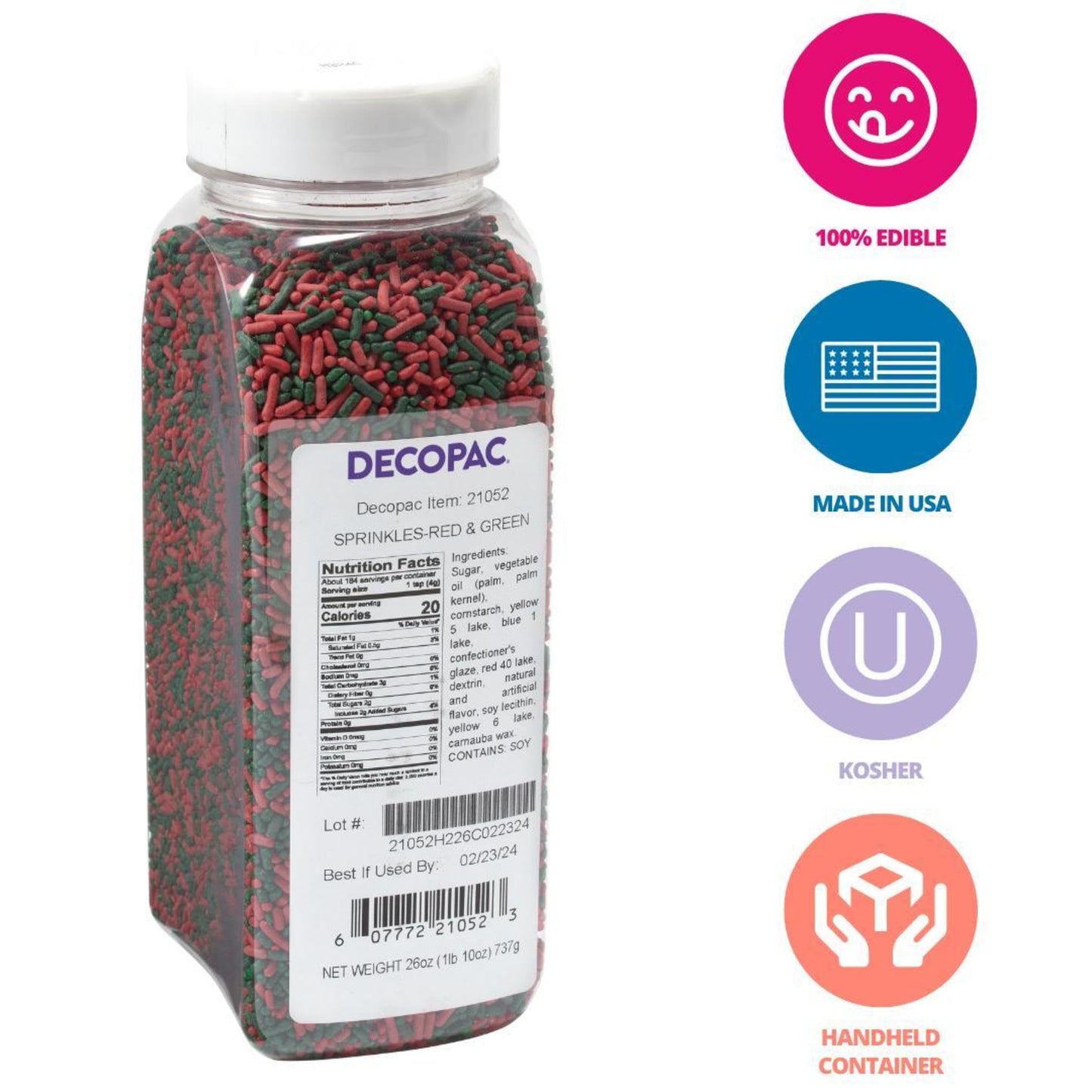 DECOPAC Candy Sprinkles, 26oz, Red & Green Sprinkle Mix, Fancy Sprinkles in Handheld Container, Edible Sprinkles For Holiday Cel