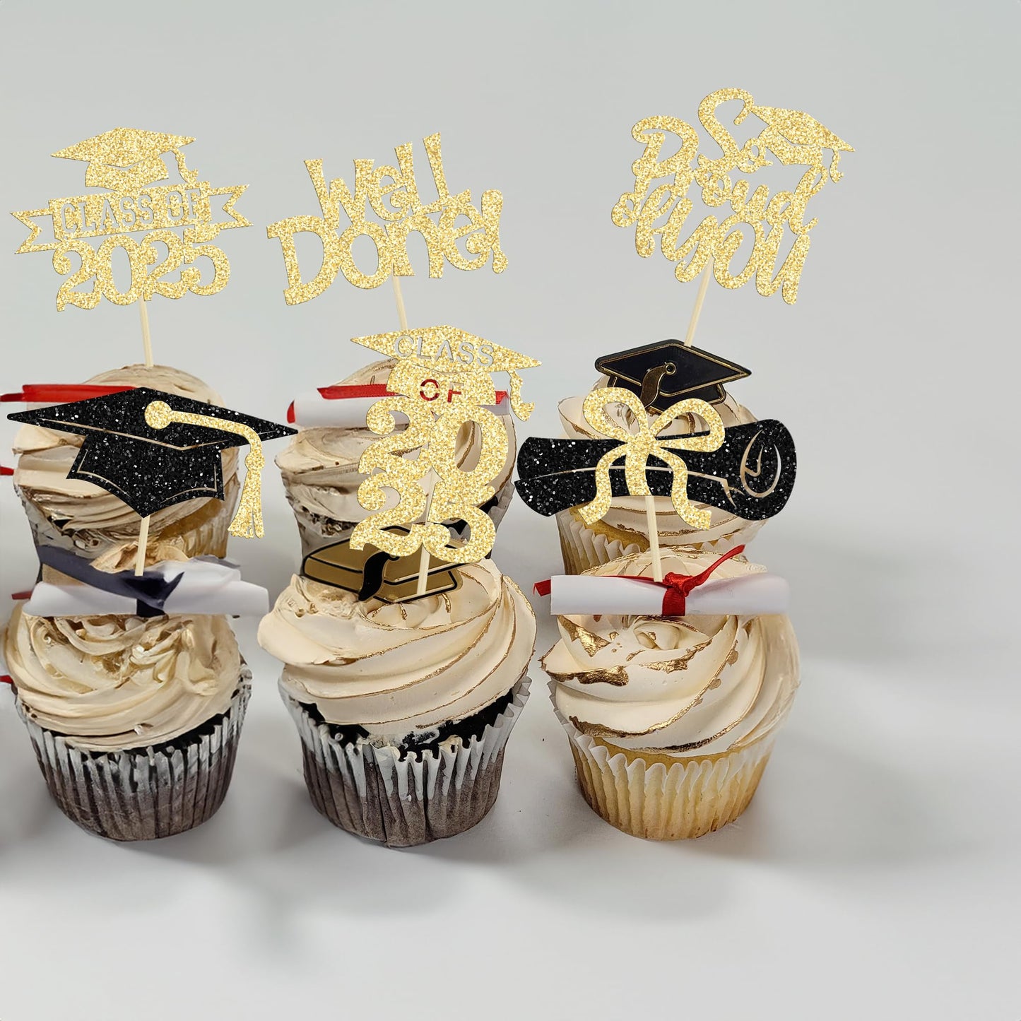 Gyufise 24Pcs Congrats Grad 2025 Cupcake Toppers Glitter 2025 Graduation Done Diploma Cupcake Picks Class Of 2025 Cupcake Decora