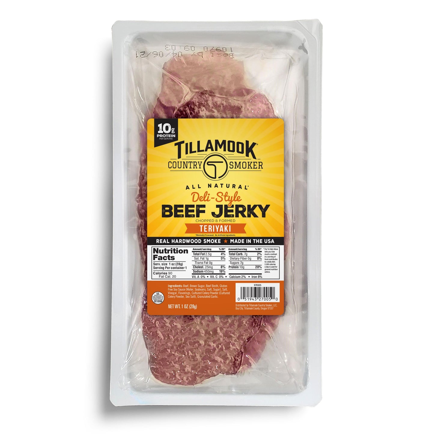 Tillamook Beef Jerky, Teriyaki Deli Style, Low Carb, High Protein, 12 Count Tray, 1 Ounce Each