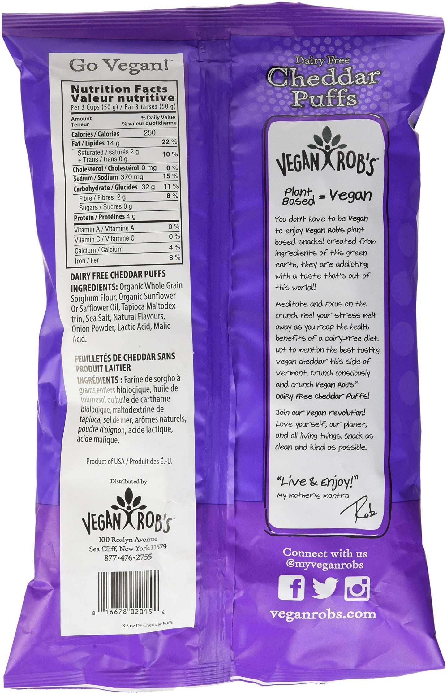 Vegan Robs Dairy Free Cheddar Puffs, 3.5 oz, Vegan Snack, Gluten Free, Plant-Based, Dairy-Free