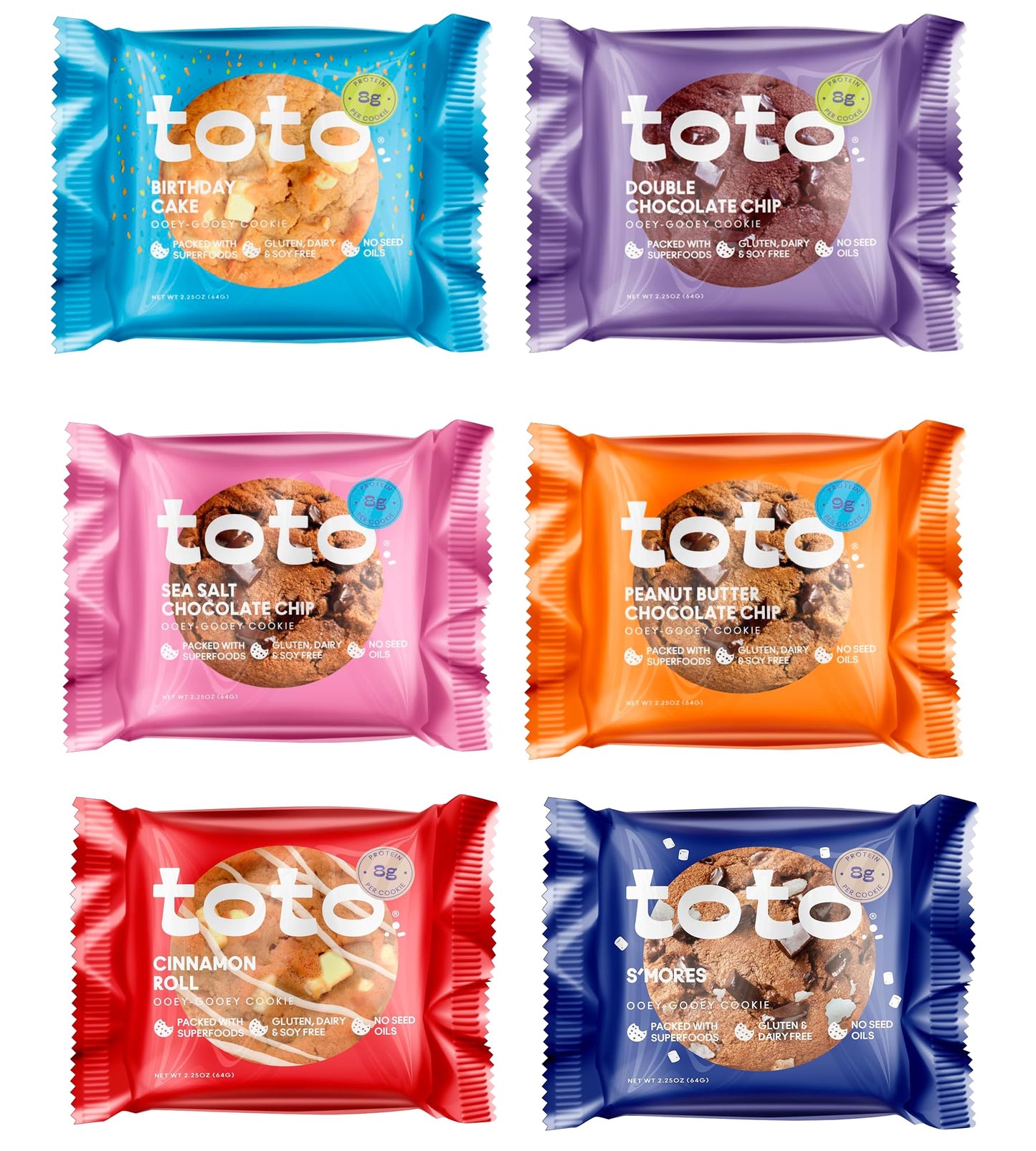 Kgf - Variety Pack Toto Gluten-Free Gooey Cookie  1 Birthday Cake  1 Double Chocolate Chip  1 Sea Salt Chocolate Chip  1 Peanut Butter Chocolate Chip  1 Cinnamon  1 SMores 2.25Oz  Pack Of 6
