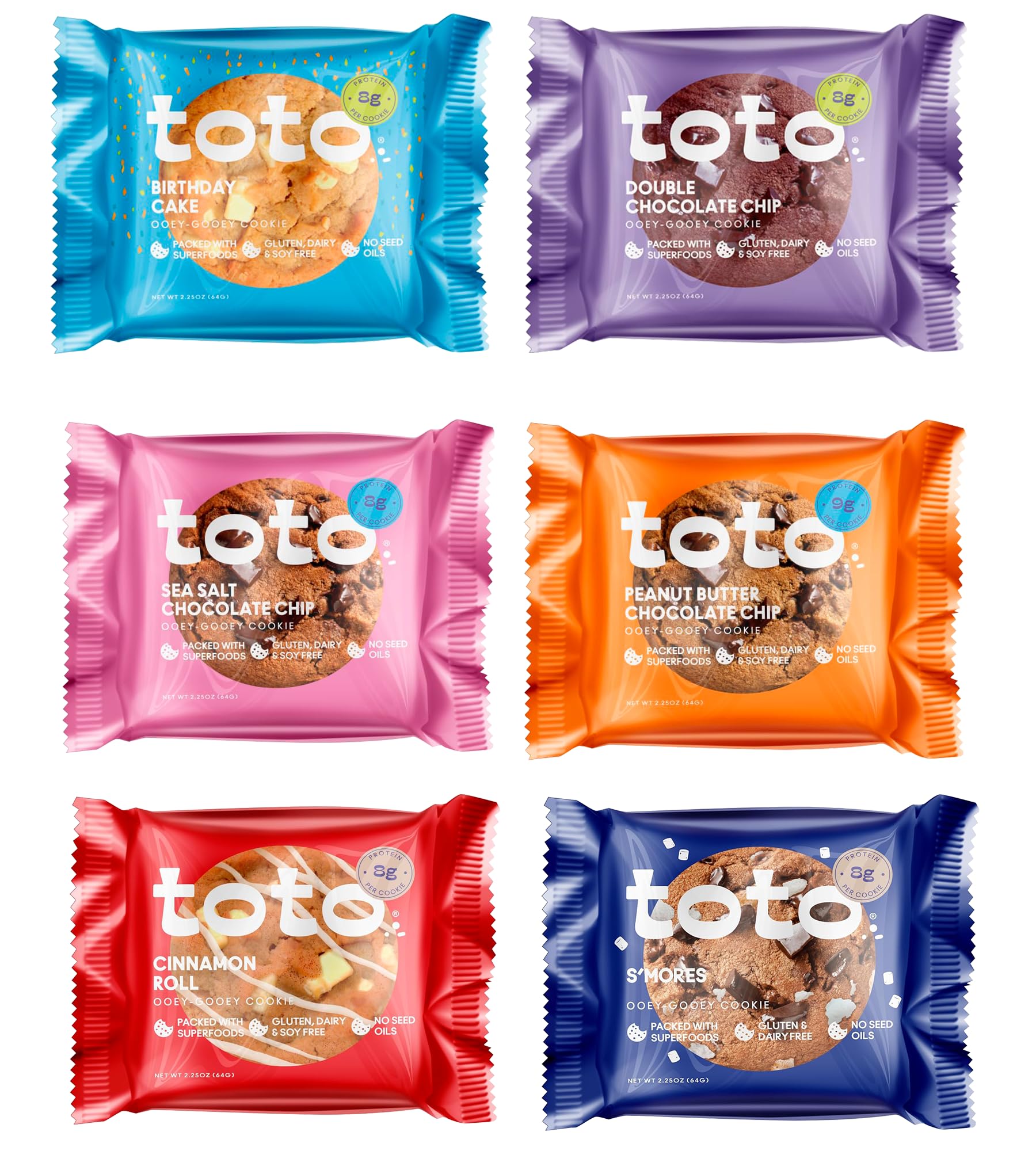 Kgf - Variety Pack Toto Gluten-Free Gooey Cookie  1 Birthday Cake  1 Double Chocolate Chip  1 Sea Salt Chocolate Chip  1 Peanut Butter Chocolate Chip  1 Cinnamon  1 SMores 2.25Oz  Pack Of 6