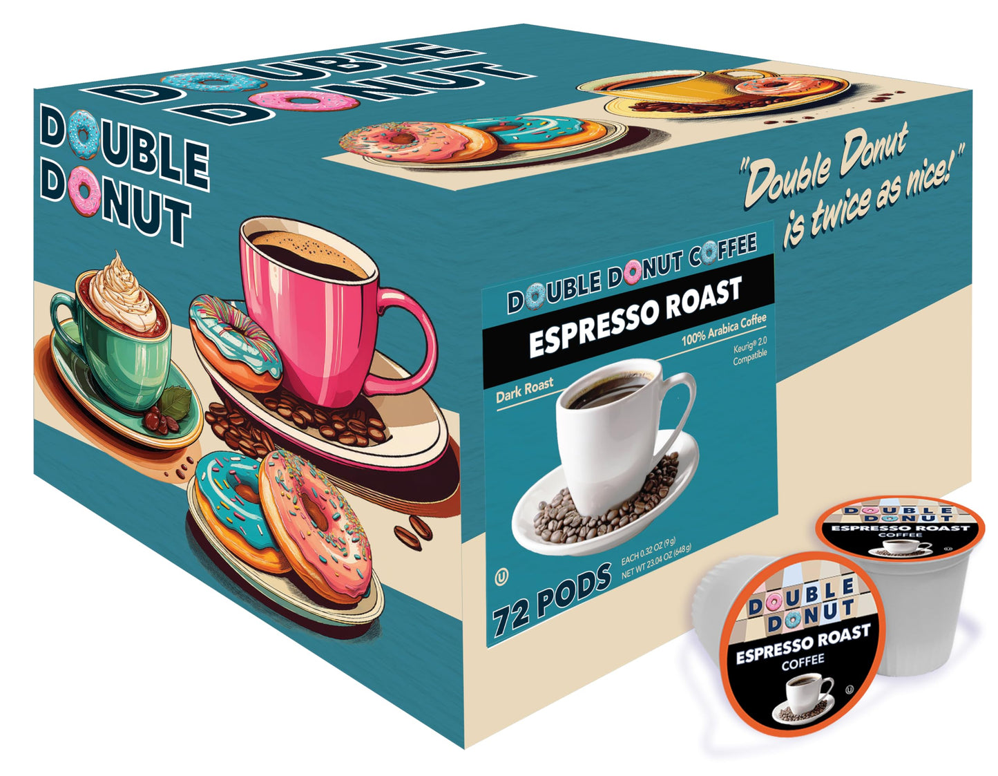 Double Donut Coffee Espresso Roast Coffee Pods, Strong Dark Roast, 72 Count, Compatible with Keurig K Cups