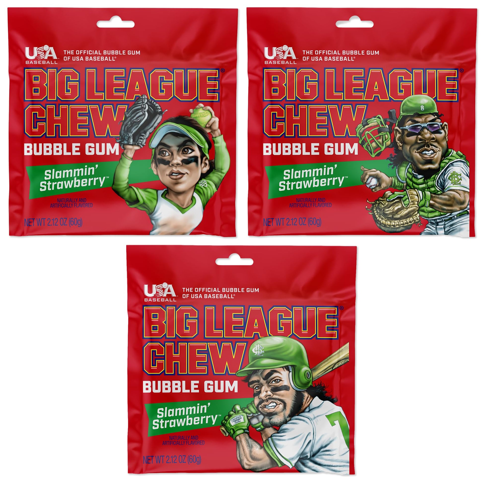 Big League Chew Strawberry Bubble Gum 3-Pack - 2.12oz Packets - Baseball Candy for Treats & Party Favors
