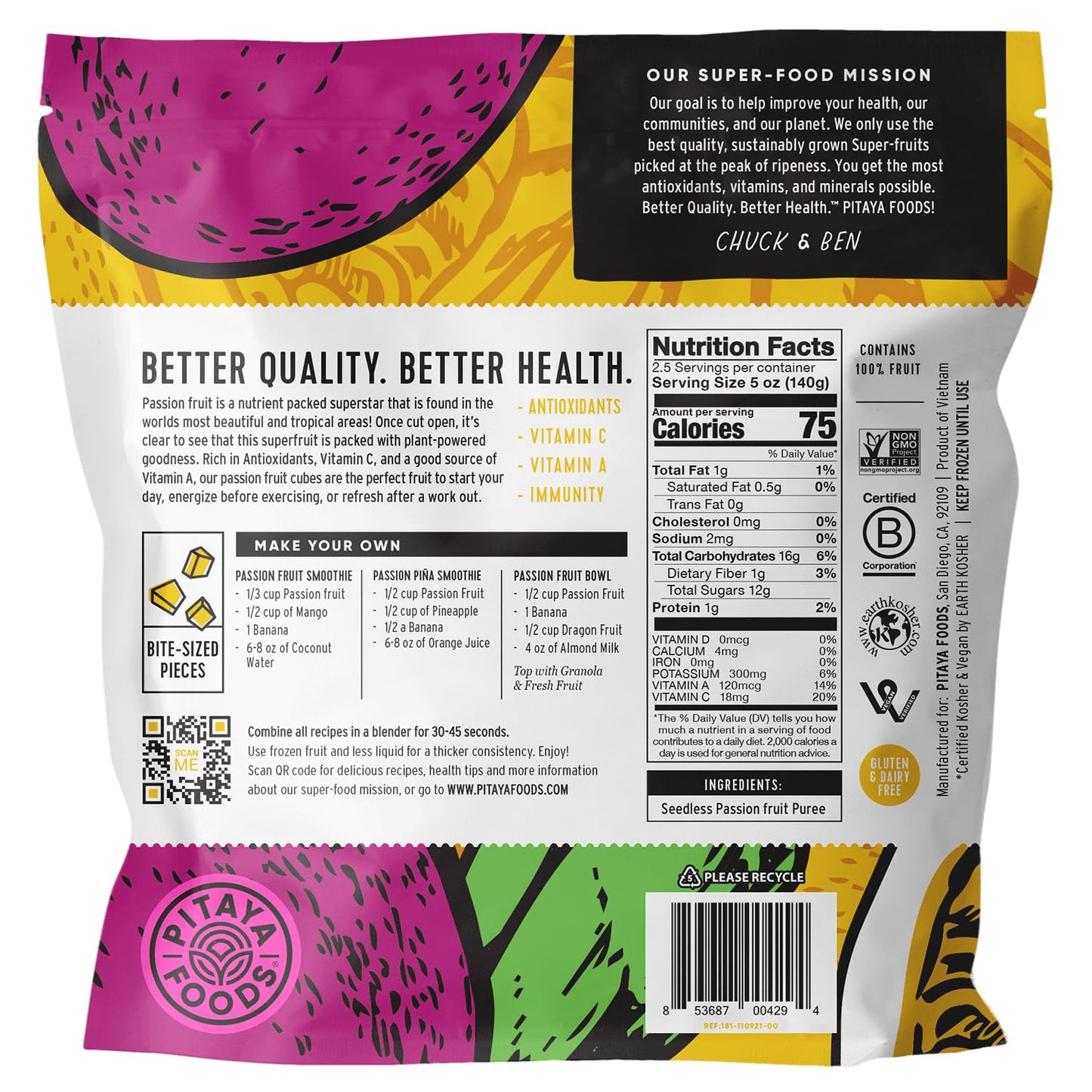 Pitaya Foods - Frozen Organic Passion Fruit Bite-Sized Pieces, Pre-Packaged Frozen Fruit, No Added Sugar or Preservatives, Good