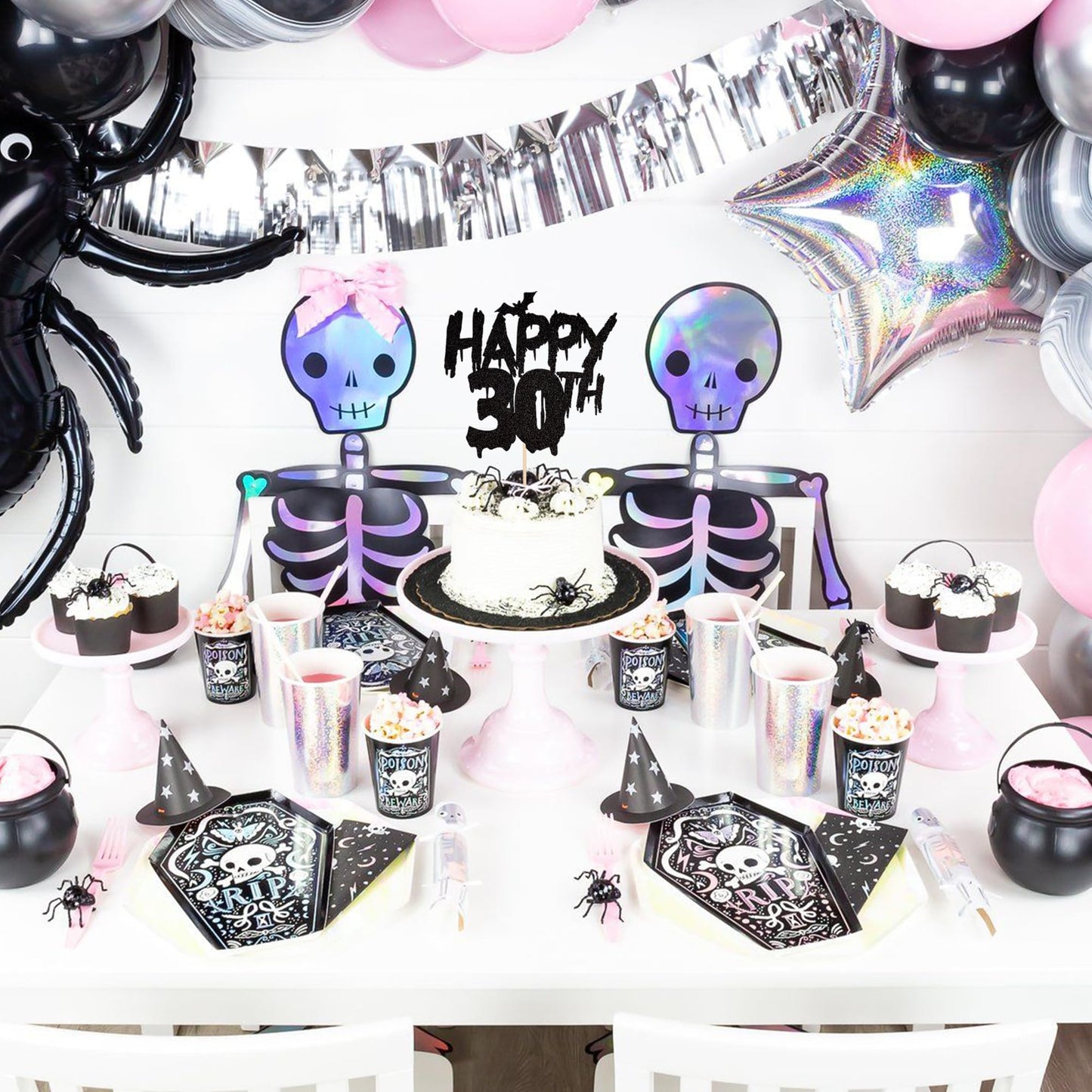 1 Pcs Halloween Theme Happy 30Th Birthday Cake Topper Glitter Cheers To 30 Years Bat Halloween Cake Pick For Halloween Happy 30T