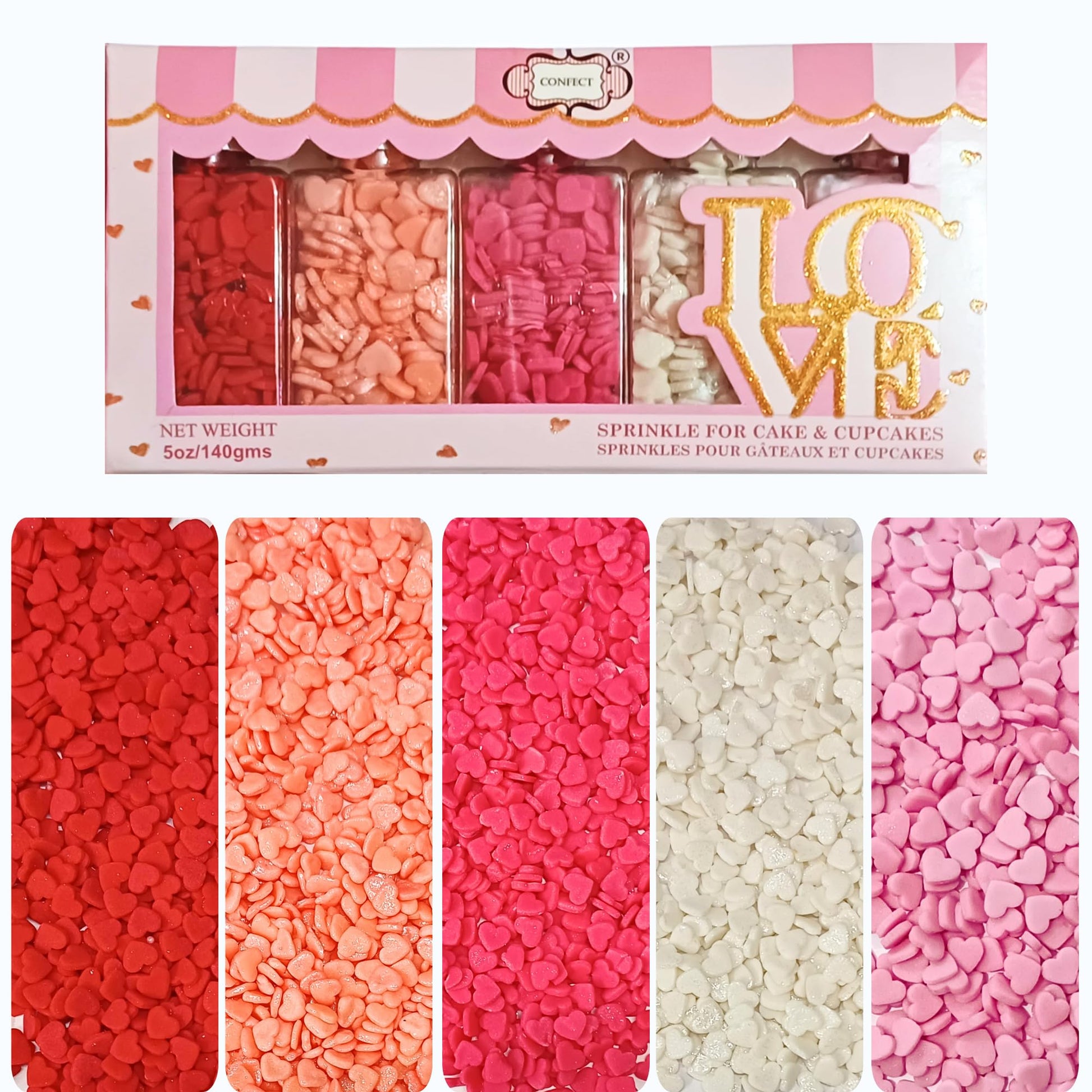 Confect Valentine Heart Sprinkles - Red, White & Pink Edible Sprinkle Mix | Pack of 5 for Cake, Cupcake, Cookie & Dessert Decora