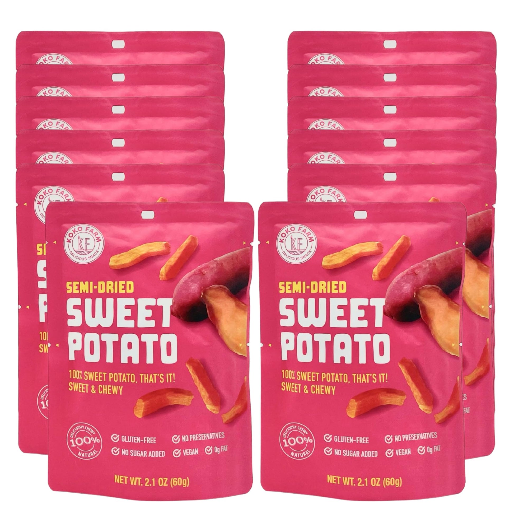 KOKO FARM Semi-Dried Sweet Potato Snack, 2.1 Ounce Bag (Pack of 12), Healthy, Chewy, Vegan, No Added Sugar, No Fat, Gluten Free 