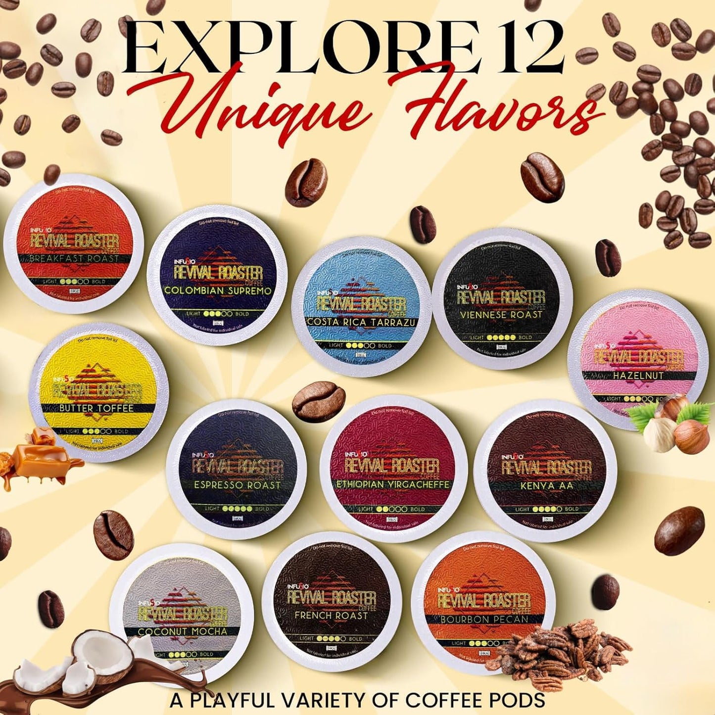 InfuSio Coffee Pods Variety Pack - 48 Count  12 Crafted Medium & Dark Roast Blends and Artisan-Inspired Flavors Like spirit-inspired flavor Pecan & Butter Toffee  Revival Roaster Collection  Compatible with Keurig 2.0 malt-inspired