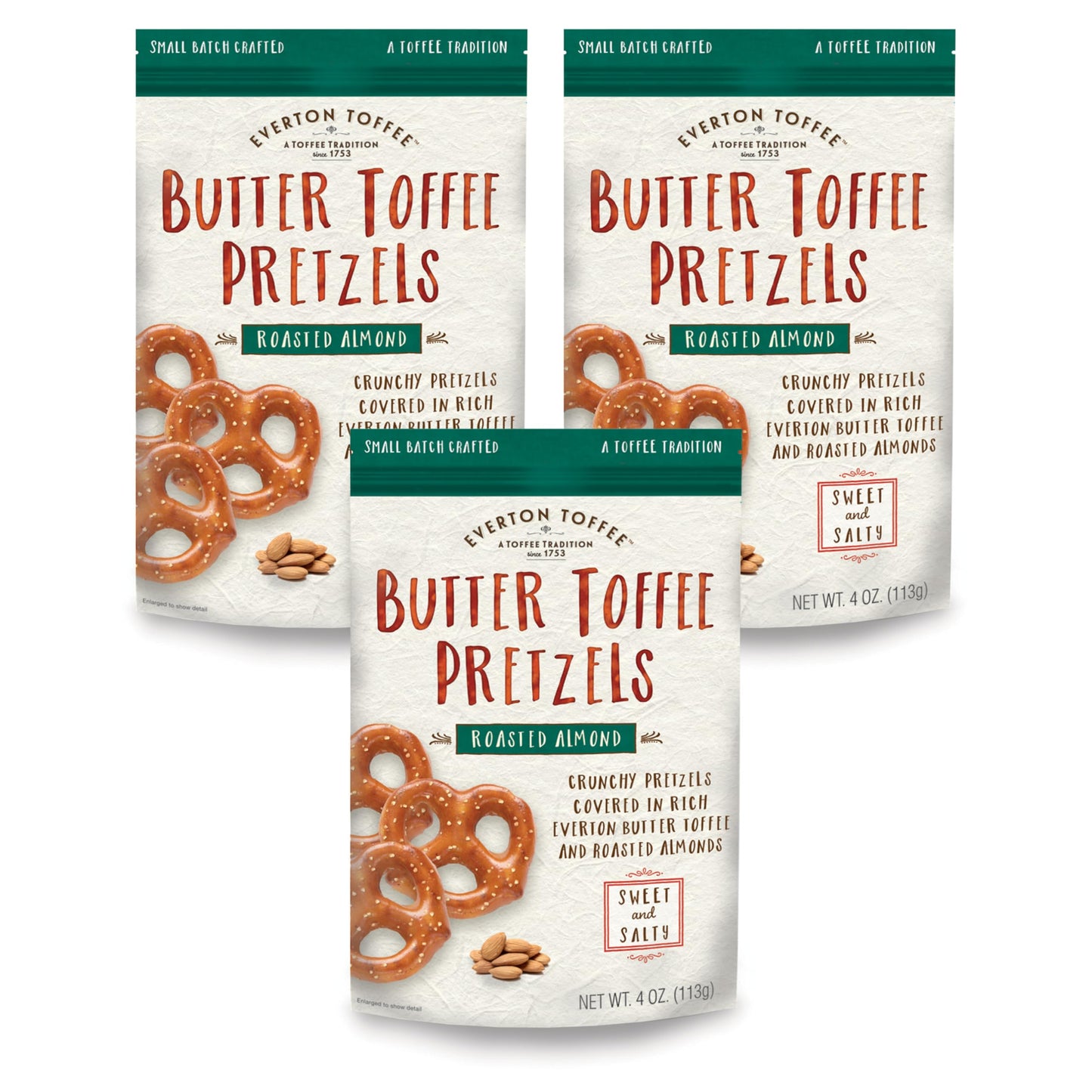 Everton Toffee Butter Toffee Pretzels, Roasted Almond Flavor (4 oz. bag, 3-pack), Gourmet Artisan Toffee Covered Pretzels, Sweet
