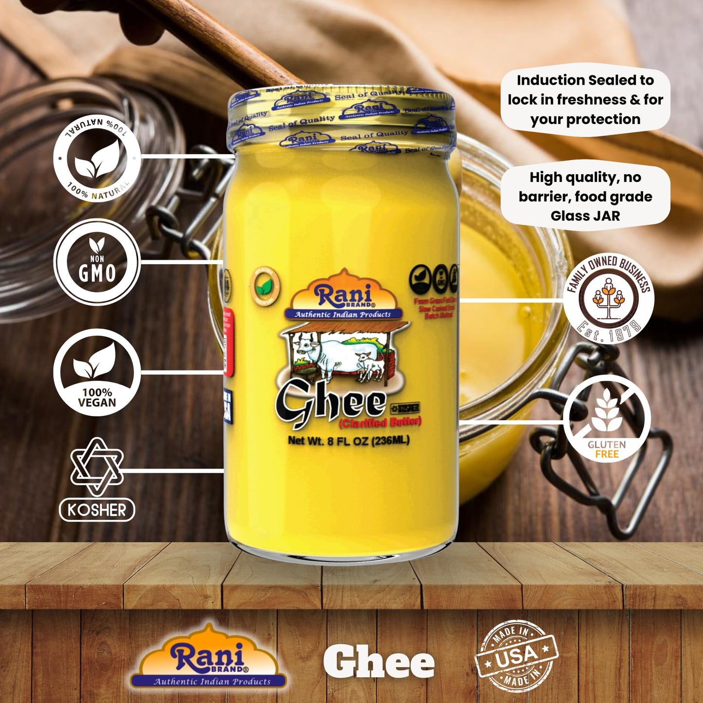 Rani Ghee Pure & Natural from Grass Fed Cows (Clarified Butter) 8oz (227g) ~ Glass Jar | Paleo Friendly | Keto Friendly | Gluten