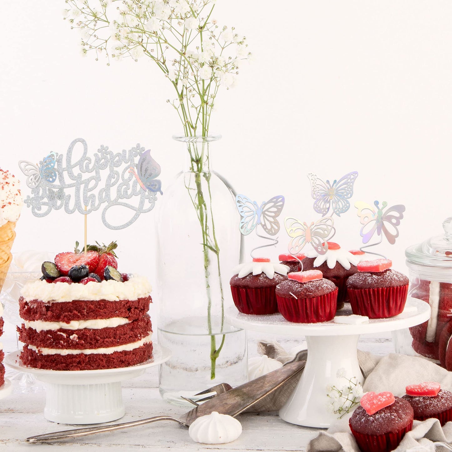 25Pcs Butterfly Cake Topper Glitter 3D Butterfly Cupcake Toppers With Happy Birthday Cake Topper For Wedding Anniversary Baby Sh