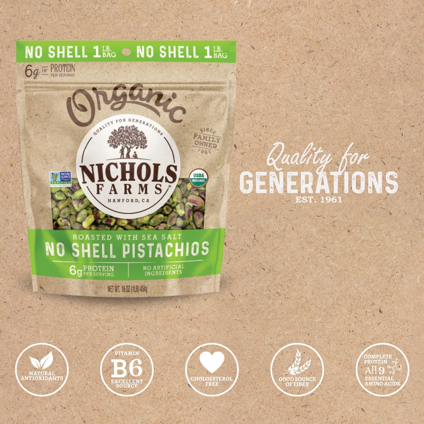 Nichols Farms Organic No Shell California Pistachios  Healthy Protein Snack  Roasted Sea Salt  1LB