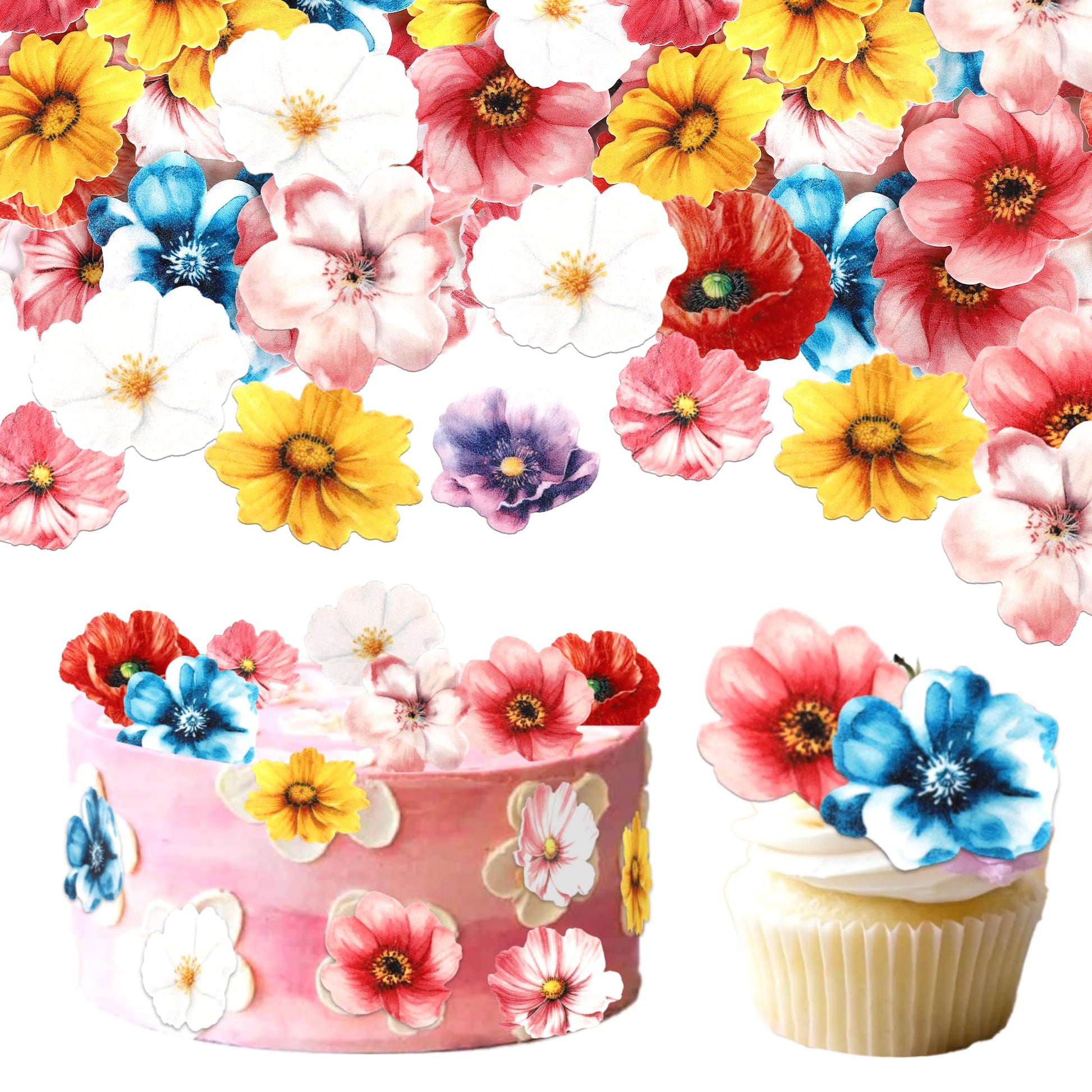 54 PCS Edible Flowers Cake Toppers Wafer Paper Flower Cupcake Toppers Hawaiian Edible Flowers Cake Decorations Mixed Size for Tr