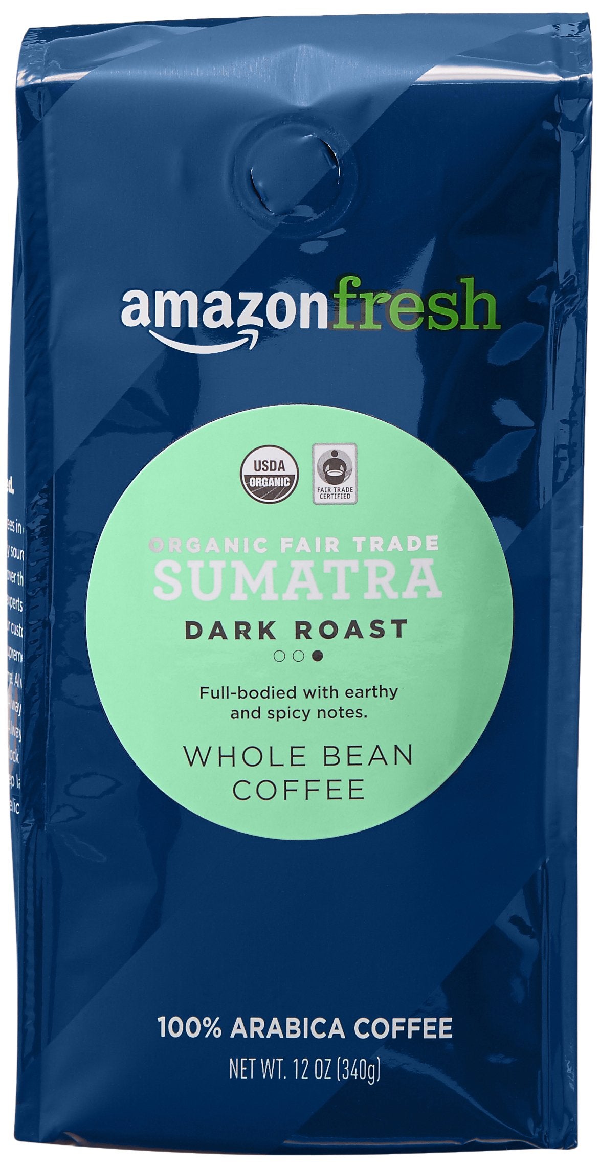 Amazon Fresh Organic Fair Trade Dark Roast Whole Bean Coffee, 12 Ounce
