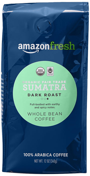 Amazon Fresh Organic Fair Trade Dark Roast Whole Bean Coffee, 12 Ounce