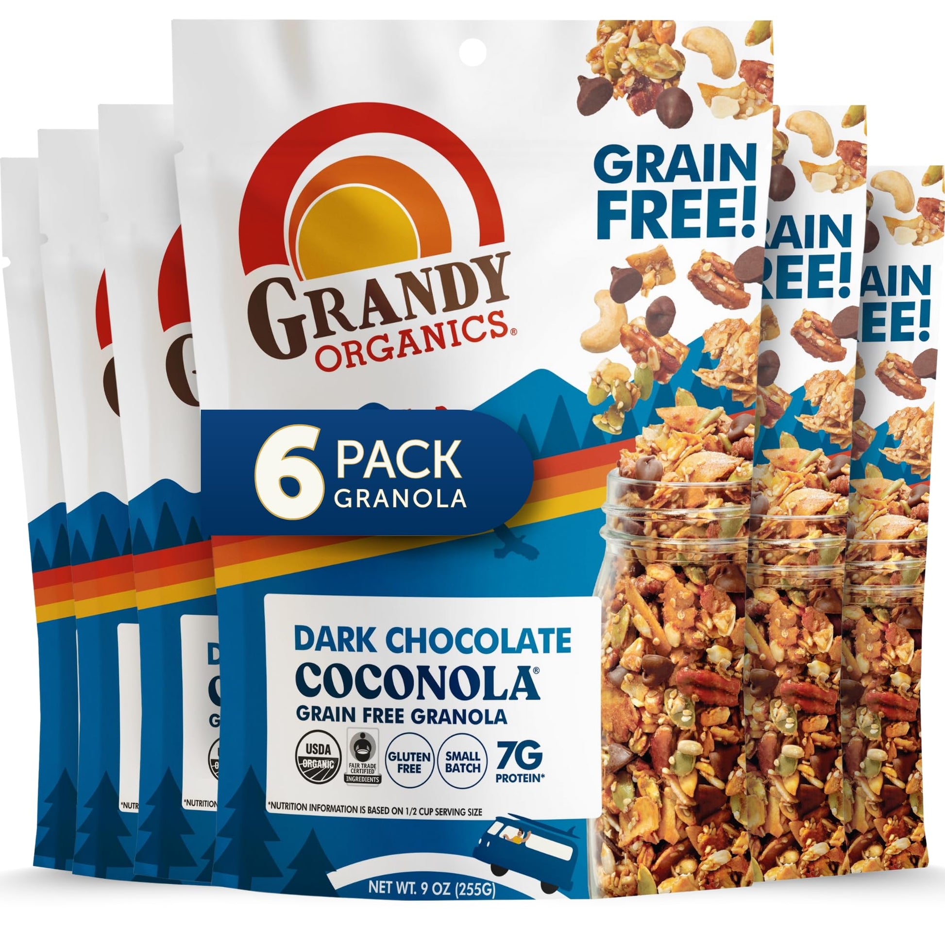 Grandy Organics Dark Chocolate Coconola Granola, Certified Organic Gluten Free Granola, Grain Free, Chocolate Flavored Coconola,