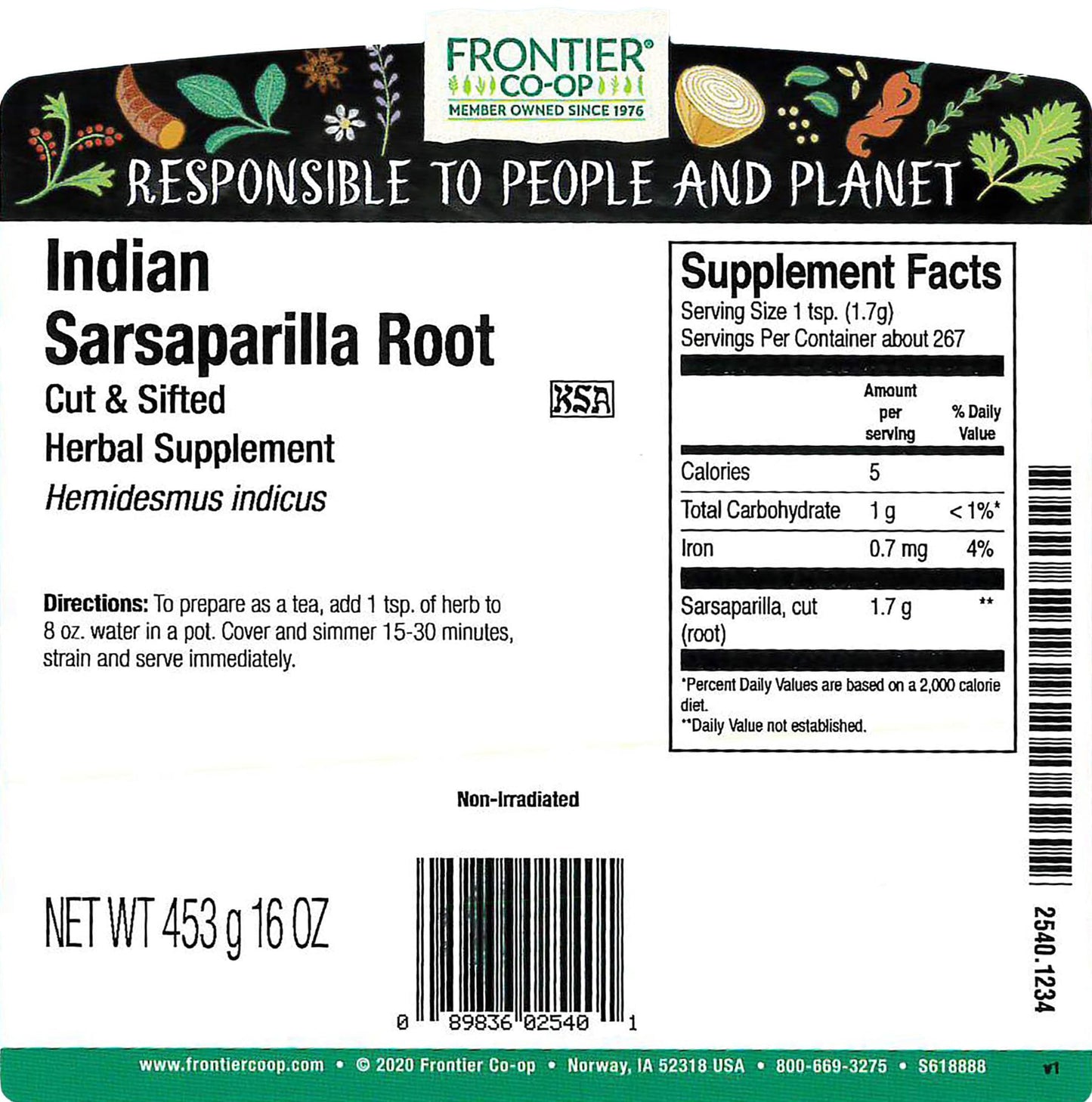Frontier Bulk Sarsaparilla Root, Indian C/S, 1 Pound