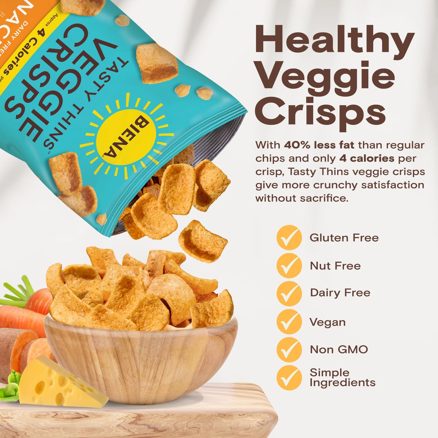 Biena Tasty Thins Veggie Crisps - Low Calorie Veggie Chips For Adults And Kids - 4-Pack, 4 Ounce Bags - Nacho