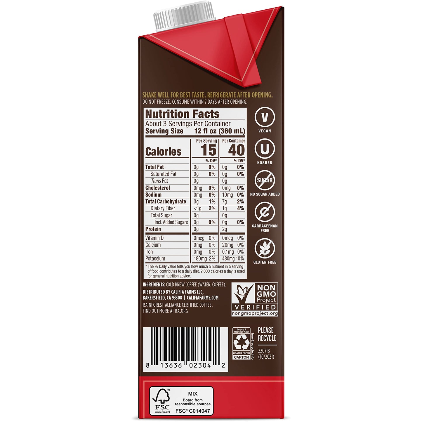 Califia Farms -Unsweetened Cold Brew Coffee | 32 Oz | Dairy Free | Gluten Free | Plant Based | Non-Gmo