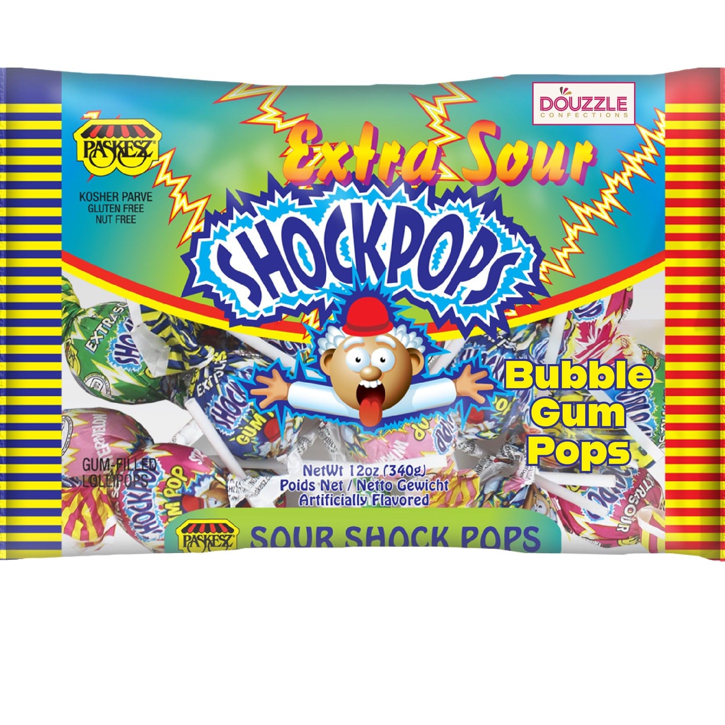 DOUzzle Sour Shock Pops, Extra Sour Bubble Gum Pops (Pack of 1) Individually Wrapped Candies, Birthday Party Favors, Goodie Bags