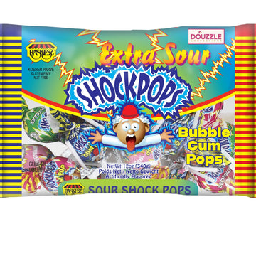 DOUzzle Sour Shock Pops, Extra Sour Bubble Gum Pops (Pack of 1) Individually Wrapped Candies, Birthday Party Favors, Goodie Bags