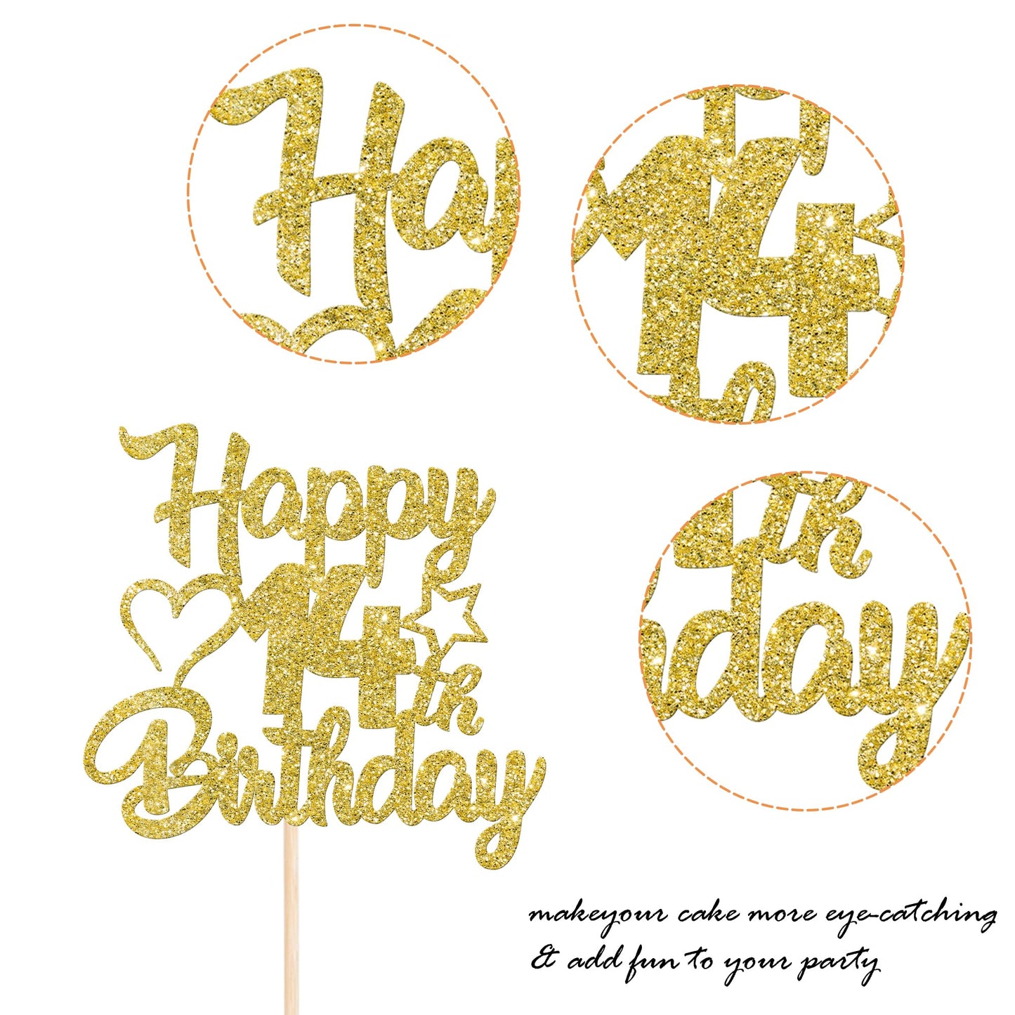 YCTHUNFISH Birthday Cake Topper - Glitter Heart Star Design - Gold - 14th Birthday Party Supplies