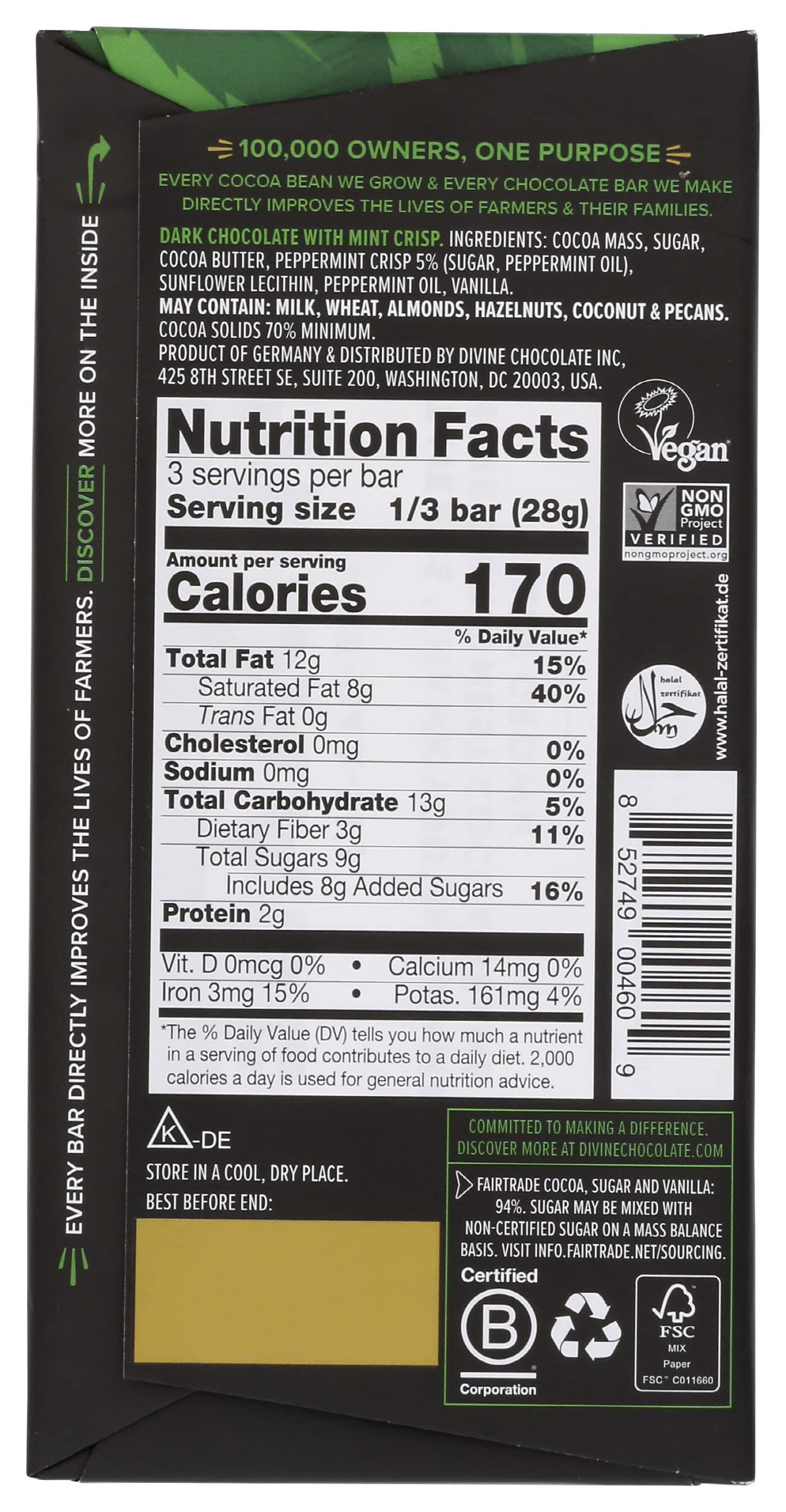 Divine Chocolate Bars - 70% Dark Chocolate With Mint Crisp - Made With Fairtrade Cocoa, Natural Ingredients, No Artificial Flavors | 3Oz. Bars (12 Pack)