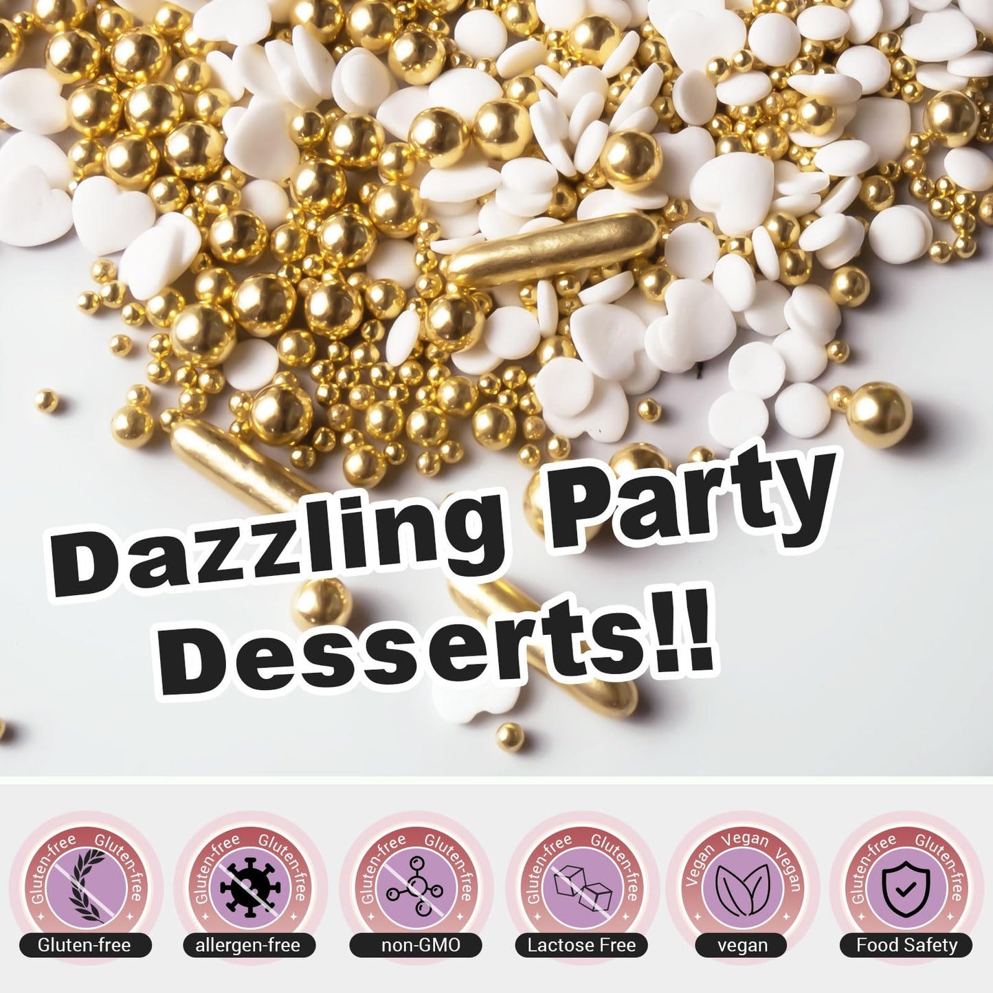 HUEBEATY 6-in-1 Edible Cake Pearl Sprinkles - Black Gold Silver White Sprinkles for Cake Decorating, Cupcakes, Cookies & Ice Cre