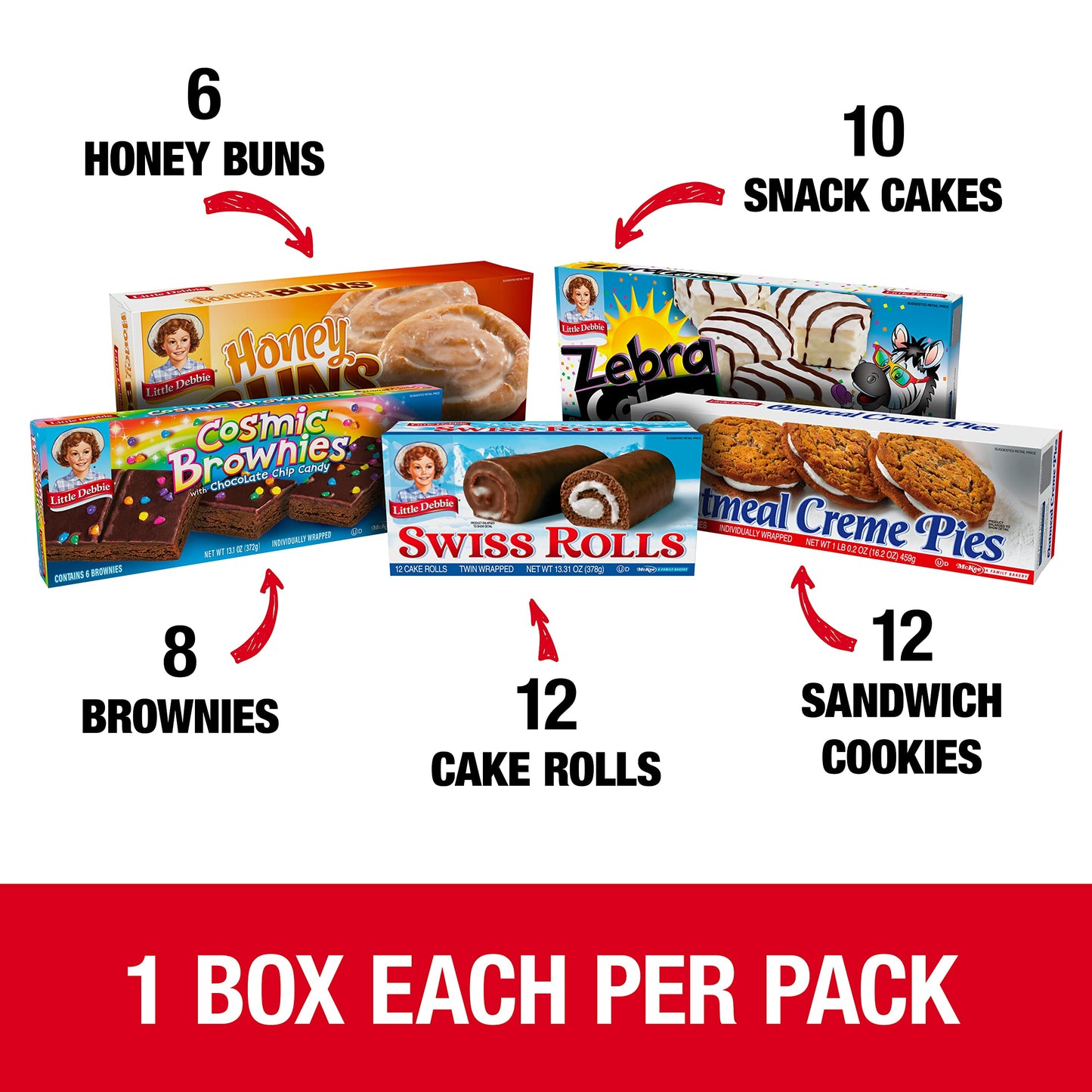 Little Debbie Variety Pack, Zebra Cakes, Cosmic Brownies, Honey Buns, Oatmeal Creme Pies, And Swiss Rolls (1 Box Each), 48 Piece
