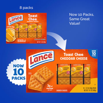 Lance Sandwich Crackers, Toastchee Cheddar, 10 Individually Wrapped Packs, 6 Sandwiches Each
