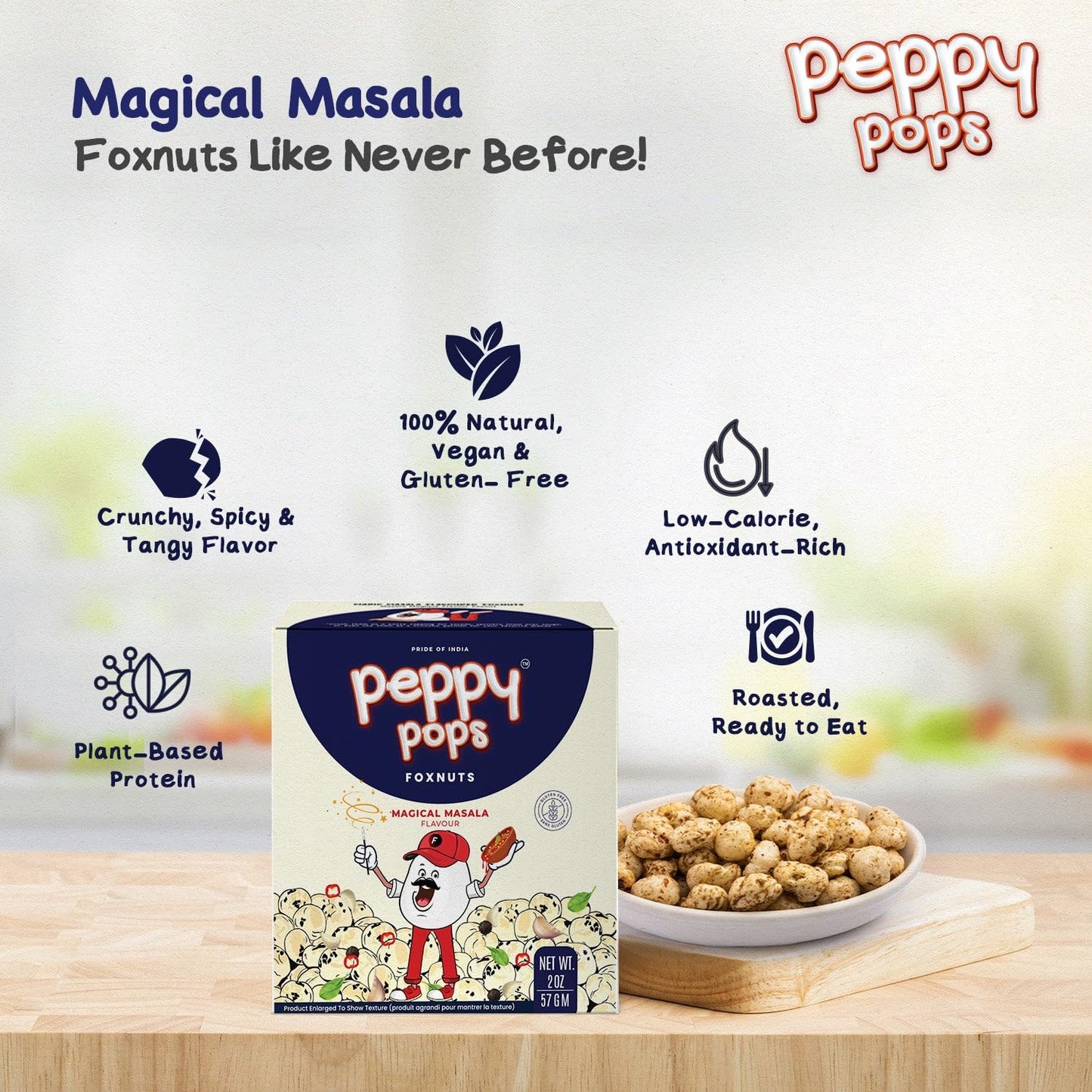 Peppy Pops | PACK OF 6, Magical Masala Roasted Foxnuts 2 oz (57 gm) - Crunchy Makhana Snack, Vegan Gluten Free Protein Snack Pac
