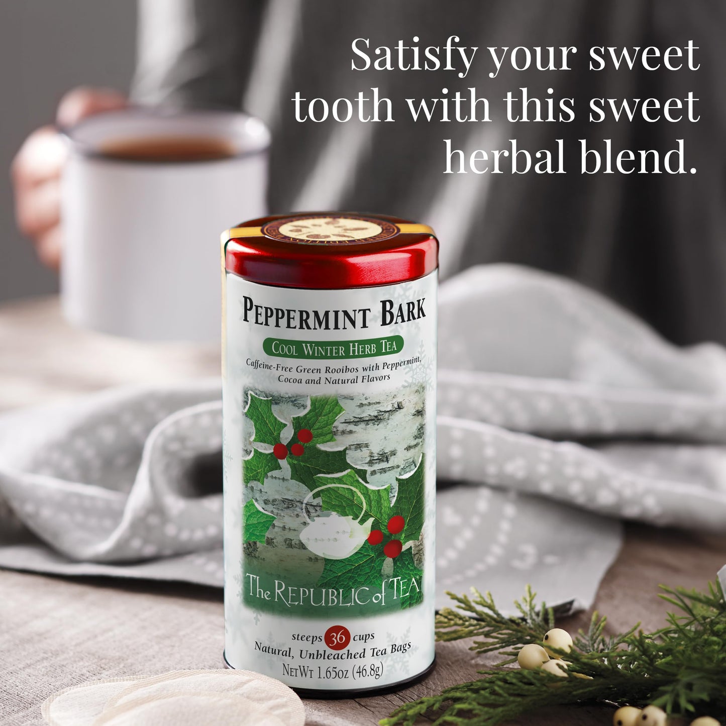 The Republic of Tea Peppermint Bark Herb Tea, Caffeine-Free, 36 Tea Bags, 36 Count