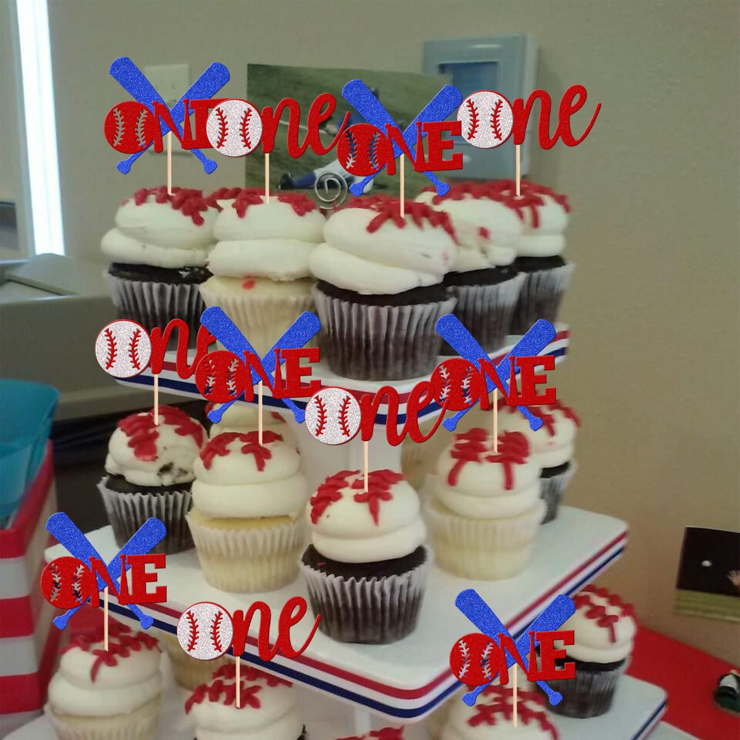 24 Pcs Baseball 1St Birthday Cupcake Toppers Glitter First Birthday Baseball One Cupcake Picks Decorations For Baseball Sports T