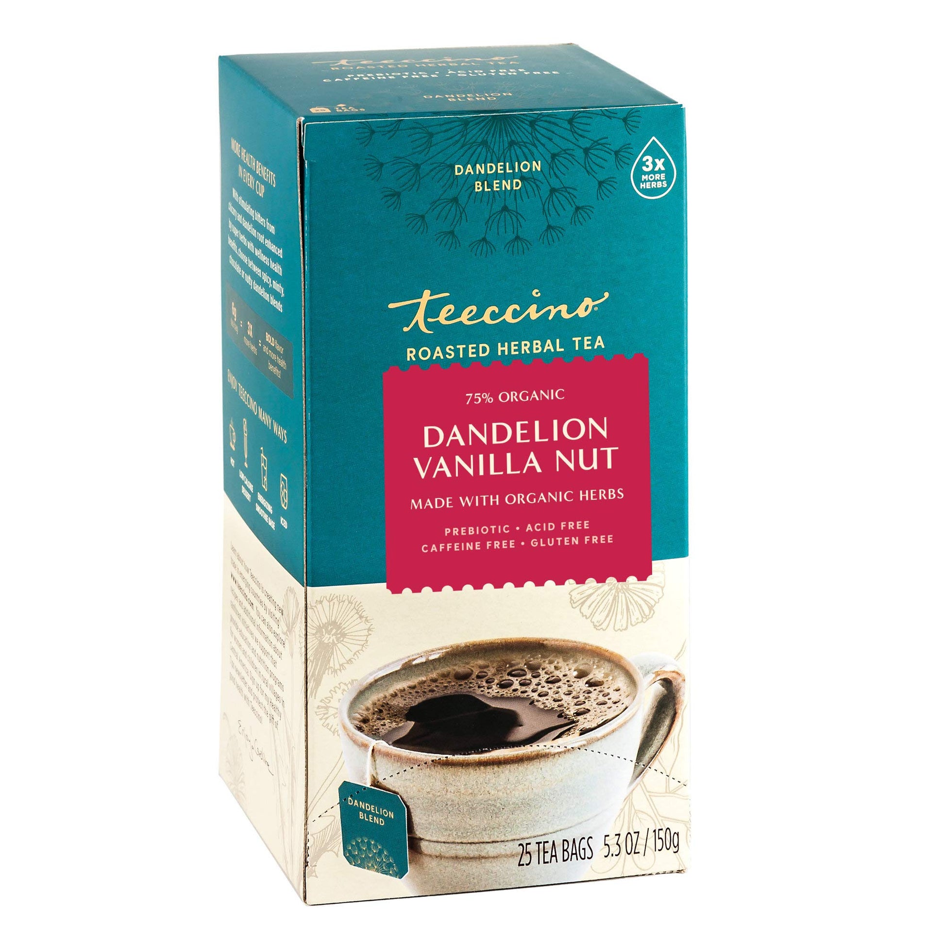 Teeccino Herbal Tea Dandelion Vanilla Nut Caffeine Free Prebiotic 25 Tea Bags