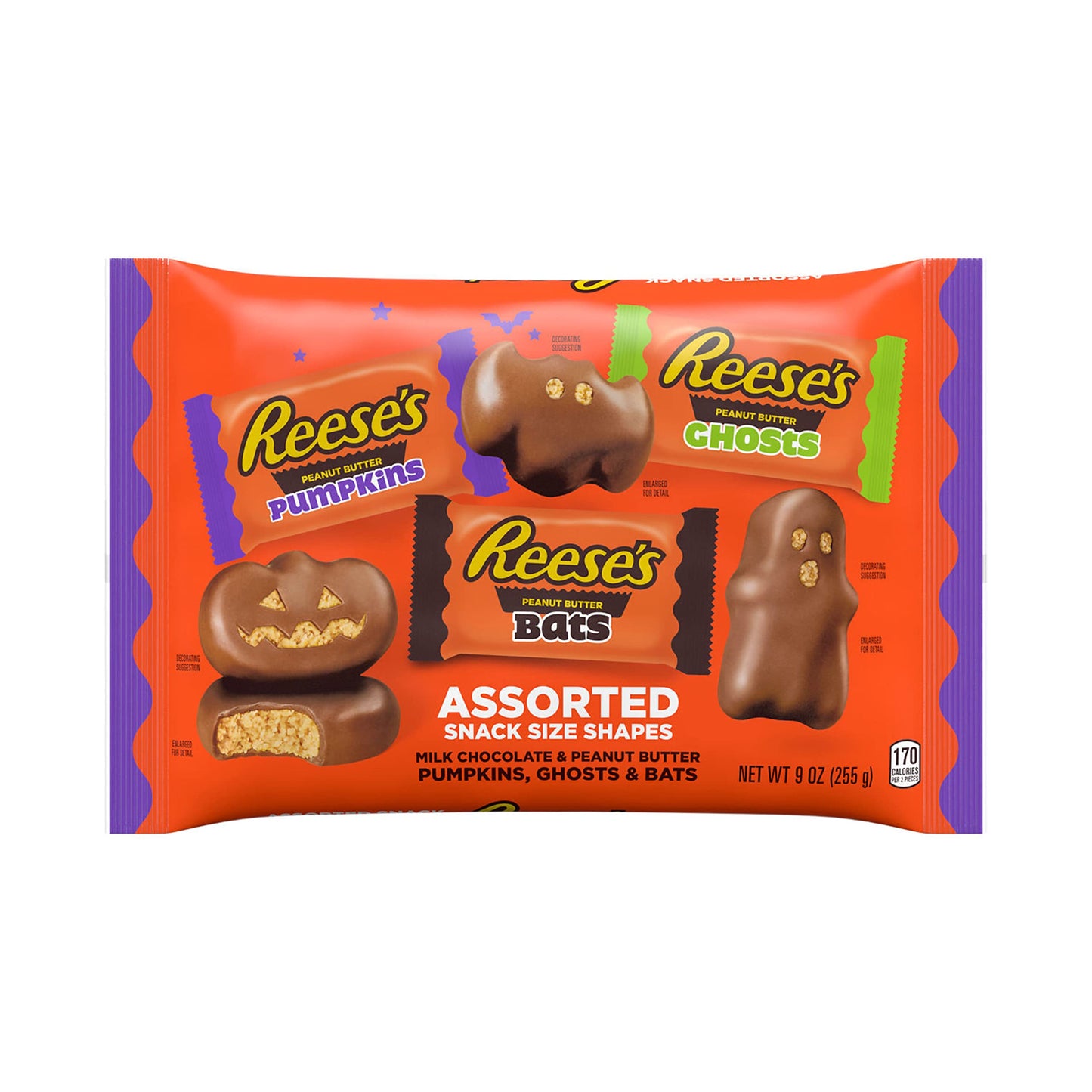 REESES Assorted Milk Chocolate Snack Size Peanut Butter Shapes, Halloween Candy Bag, 9 oz