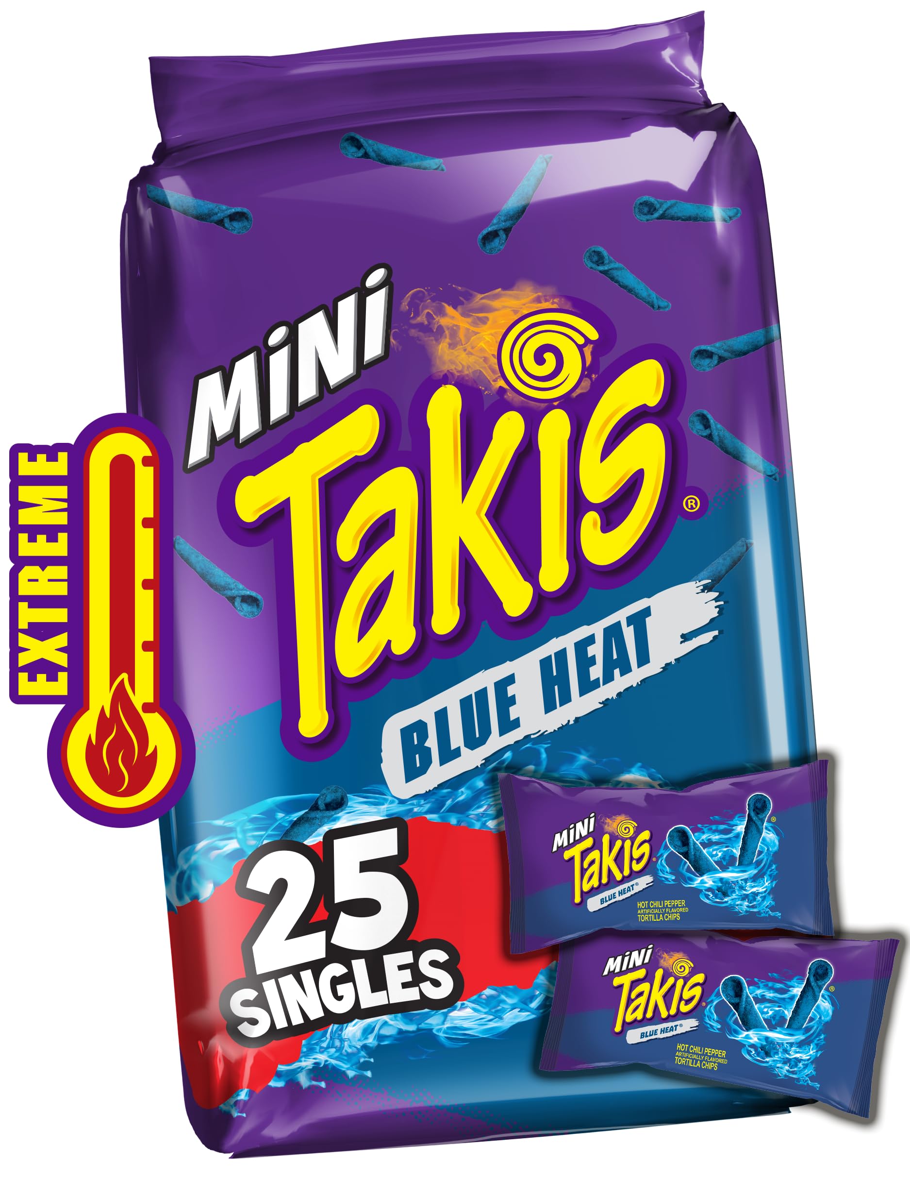 Takis Blue Heat Mini 25 Pc / 1.23 Oz Bite Size Multipack, Hot Chili Pepper Flavored Extreme Spicy Rolled Tortilla Chips