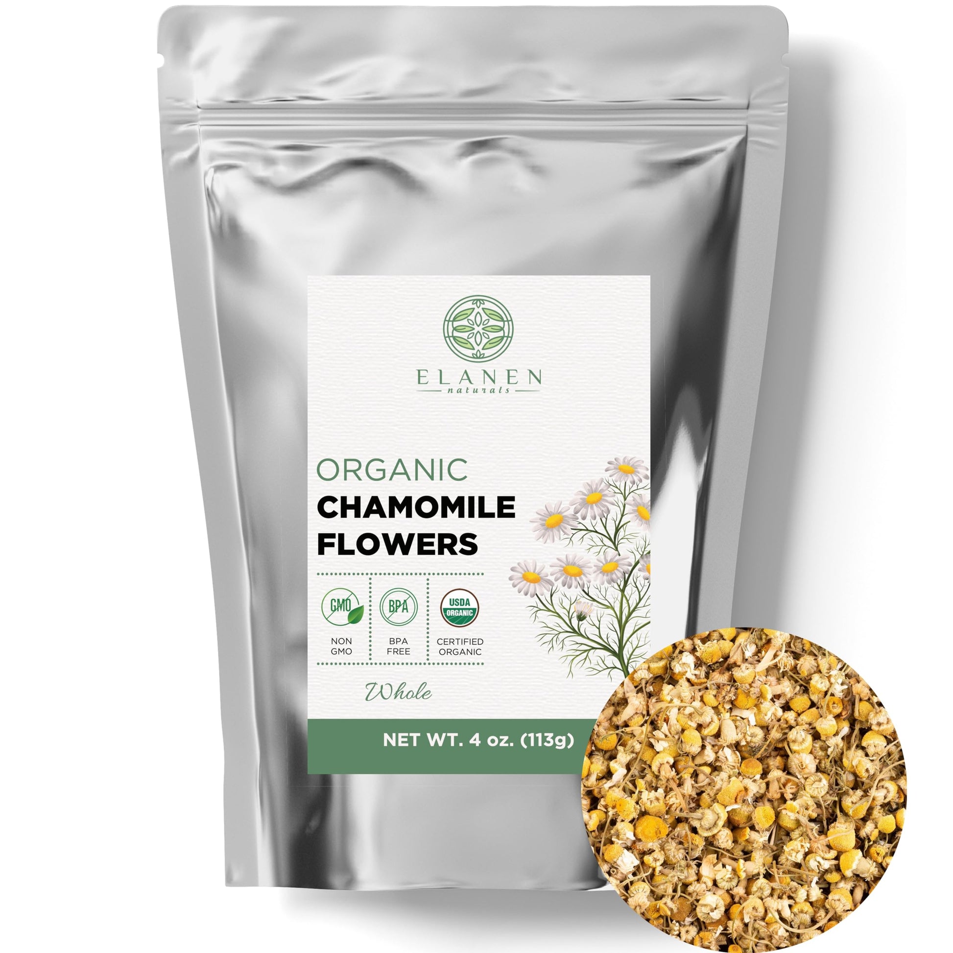 Elanen Naturals Organic Chamomile Flowers 4 Oz. (113G), Usda Certified Organic Chamomile Tea Loose Leaf, Camomile Tea, Manzanill