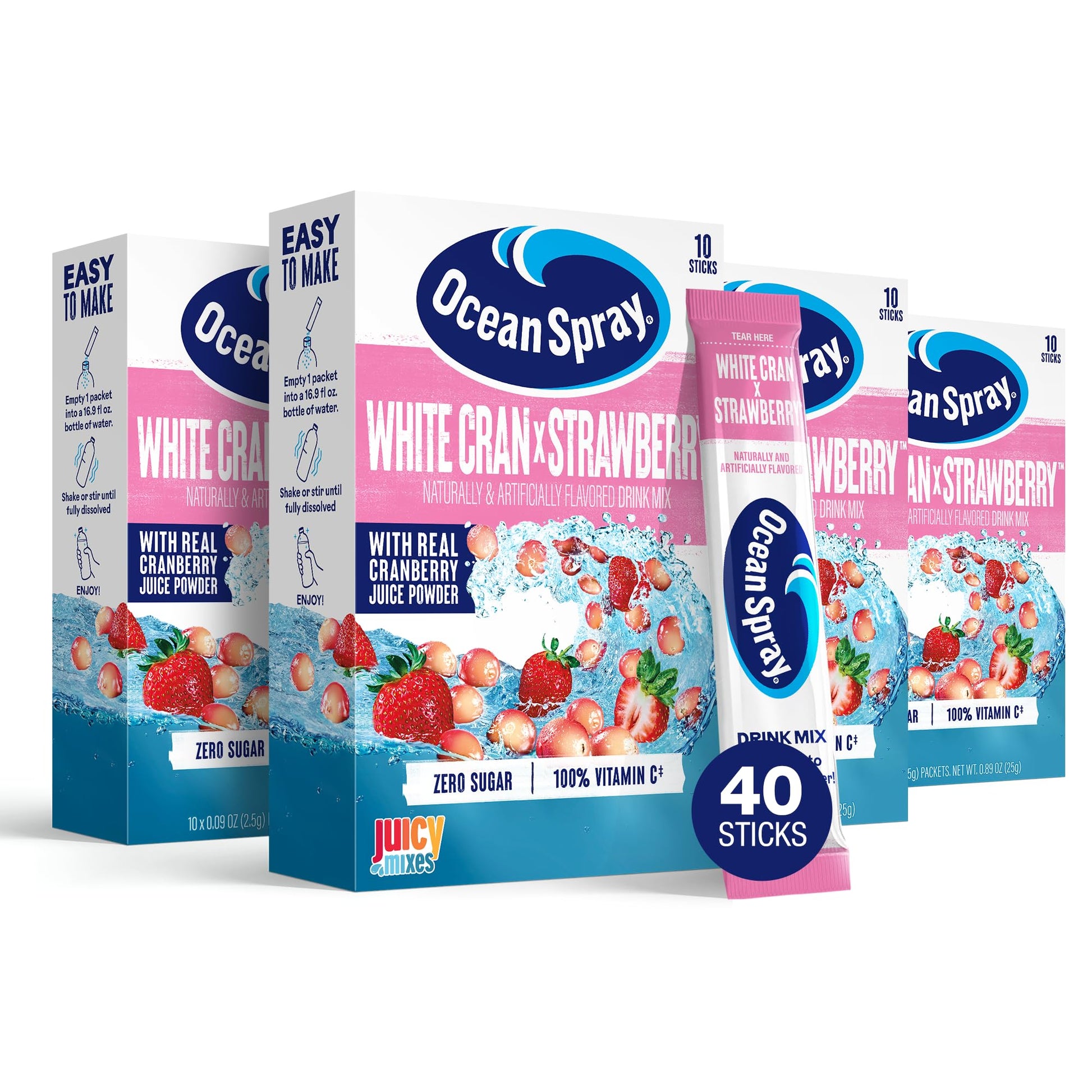Ocean Spray White Cran-Strawberry Zero Sugar Powder Drink Mix Packets with Real Cranberry Juice Powder, 100% Vitamin C, No Synth
