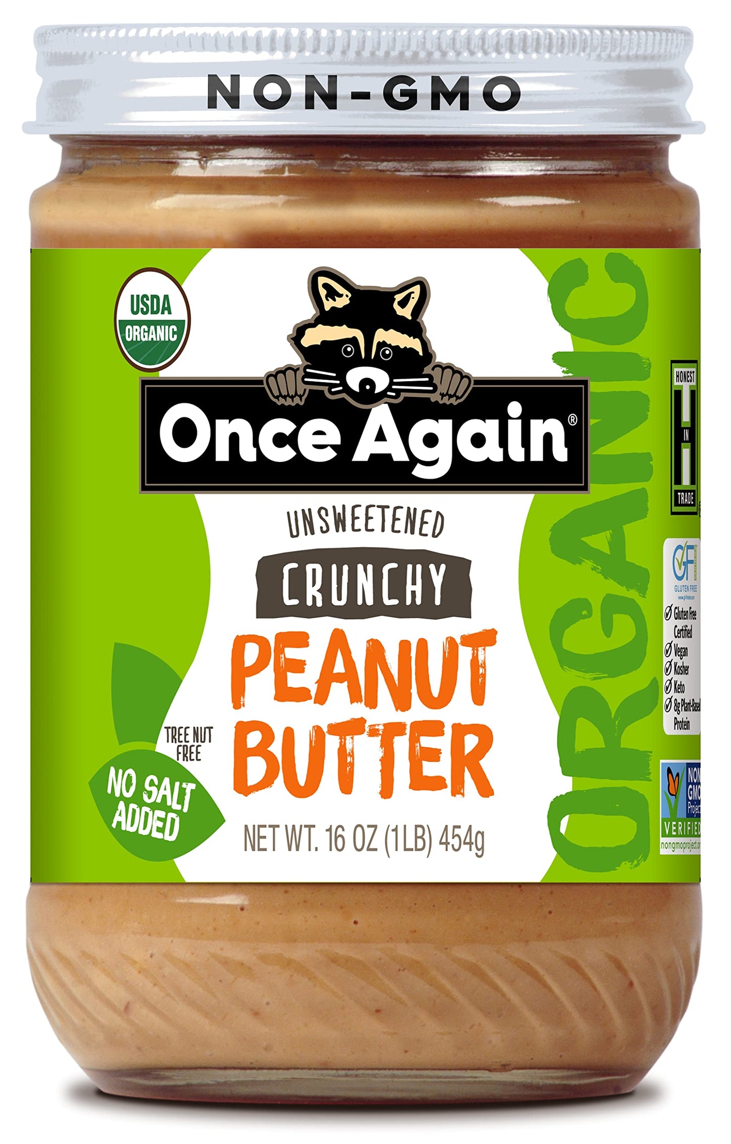Once Again Organic Crunchy Peanut Butter, 16oz - Salt Free, Unsweetened - USDA Organic, Gluten Free Certified, Vegan, Kosher - G