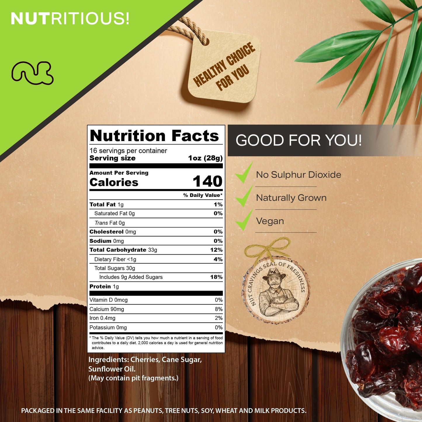 Nut Cravings Dry Fruits - Sun Dried Sour Tart Cherries, Lightly Sweetened (6Oz - 1 Pack) Packed Fresh In Resealable Bag - Sweet